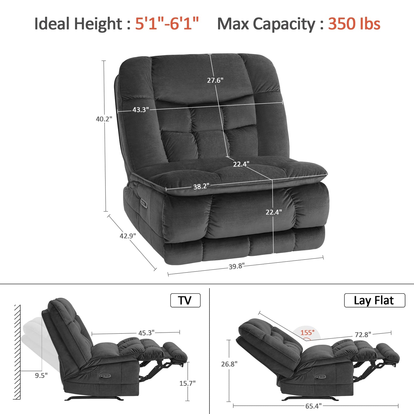 MCombo Dual Motor Oversized Power Recliner Chair, 38.2'' Large Wide Seat, Rocker Chair with LED Lighting, USB Ports, Perfect for Living Room, Office and Home Theater, Fabric PR607 (Dark Grey)