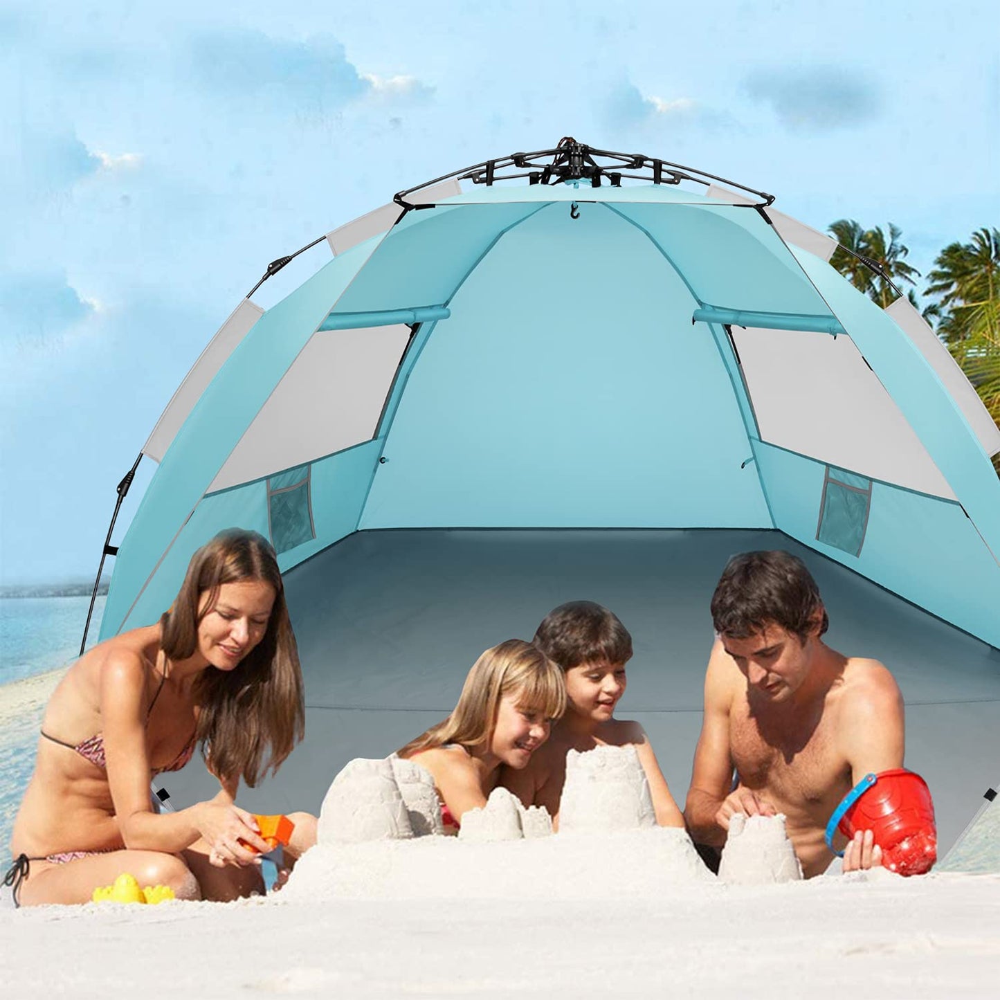 Oileus X-Large 4 Person Beach Tent Sun Shelter - Portable Sun Shade Instant Tent for Beach with Carrying Bag, Stakes, 6 Sand Pockets, Anti UV for Fishing Hiking Camping, Waterproof Windproof, Sky Blue