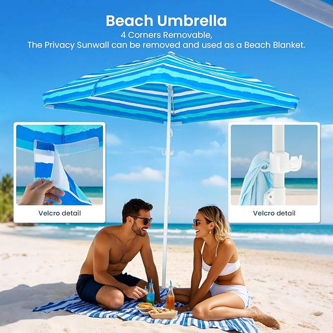 Grandekor 6'x6' UPF 50+ Beach Cabana Canopy Tent Instant Setup Sun Shelter with Sidewalls Sand Anchors Hanging Hooks for Family Beach Trips Outdoor Shade Shelter with Windproof Sand Pockets