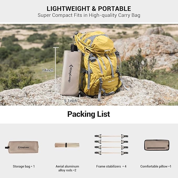 KingCamp Ultralight Camping Cot, Portable Folding Cots 265lbs Heavy Duty Sleeping Bed with Pad Pillow for Adults Outdoor Backpacking Travel Hiking, Khaki
