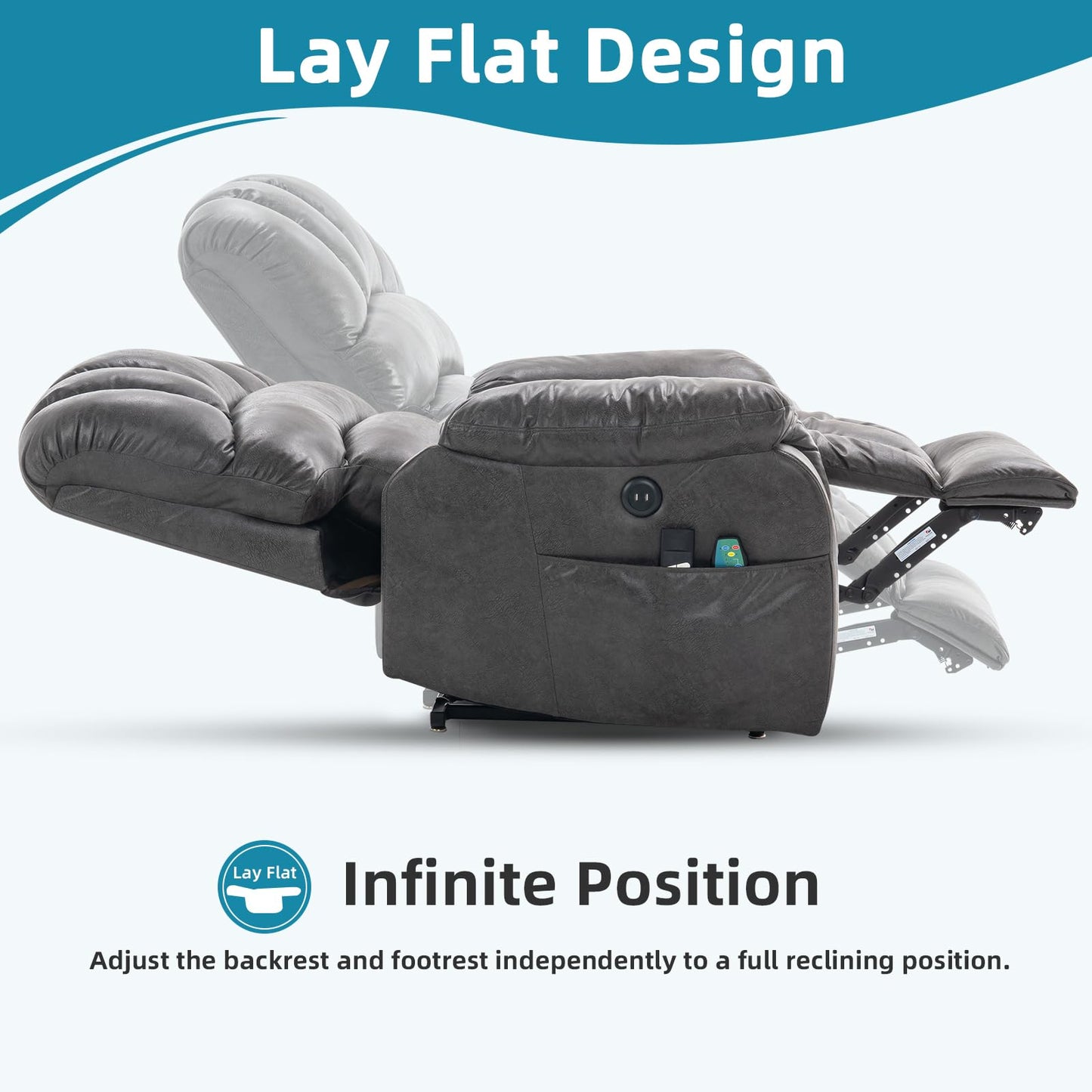OUINCH Large Dual Motor Lay Flat Sleeper Power Lift Recliner Chair for Elderly with Heat and Massage, 2 Remote Controls, 2 USB Ports & 2 Side Pockets, Infinite Position (Grey)