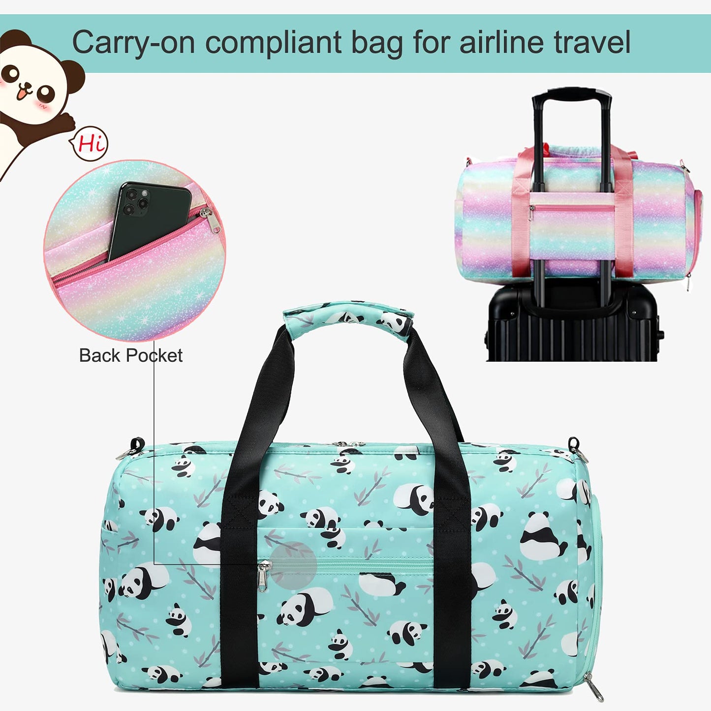 Octsky Sports Gym Bag Teens Dance Bag Gymnastics Bag Panda Weekender Bag with Shoe Compartment and Wet Pocket