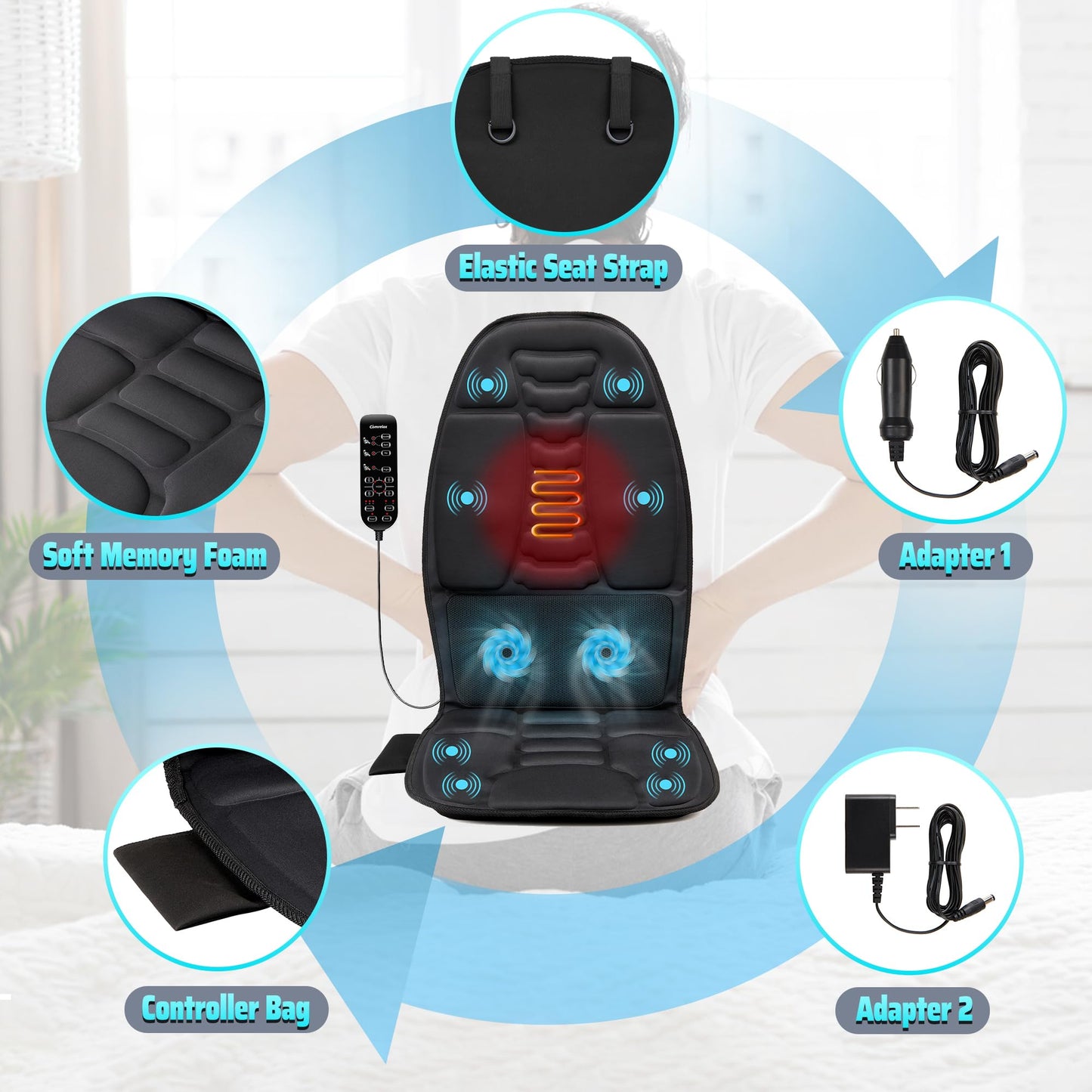 Back Massager with Heat, Massage Chair Pad for Pain Relief Deep Tissue, Portable Massage Seat Cushion for Home Office Use, Gifts for Men Women