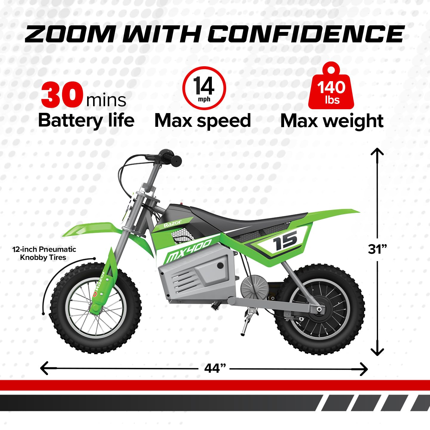 Razor MX400 Dirt Rocket – 14 MPH (22 KMH) Off-Road Electric Dirt Bike, High-Torque Motor, 30 Min Ride Time, Adjustable Handlebars, Ages 13+, Green