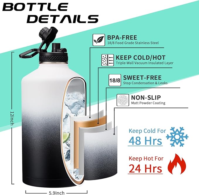 Insulated Water-Jug Gallon Water Bottles - with Straw & Spout Lids, Paracord Handle & Bottle Carrier, 128OZ Metal Gallon Water Bottle Large, Vacuum Thermo Jug Stainless Steel Water Flask Jug Outdoor