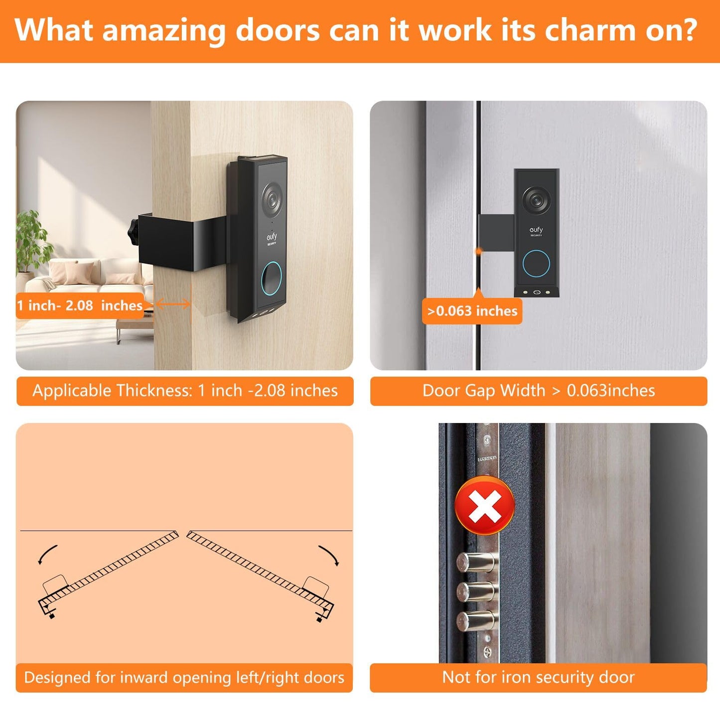 Anti-Theft Door Mount for Eufy E340, No-Drill Adjustable Mounting Bracket with Eufy Doorbell E340, Not Blocking Doorbell Sensor, Apartment Door Bell Kits for Renters, Black