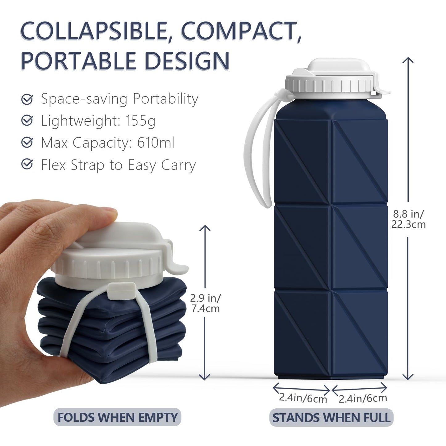 BEAUTAIL Collapsible Water Bottles with Straw, Silicone Foldable Portable Water Bottle 610ml Lightweight Reusable Leakproof for Travel Camping Hiking Cycling Yoga Sports, 1 Pack (Dark Blue)