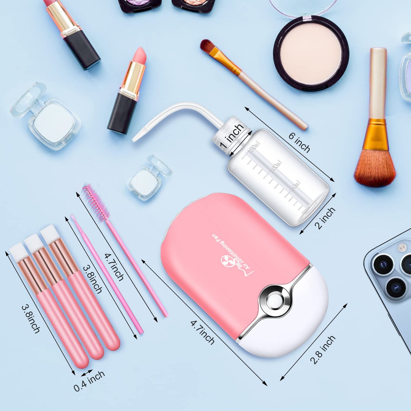 Lash Fan, 105 Pcs USB Mini Portable Fans Rechargeable Electric Handheld Air Conditioning Lash Shampoo Brushes Nose Blackhead Facial Cleaning Brush Plastic Wash Bottle (pink)