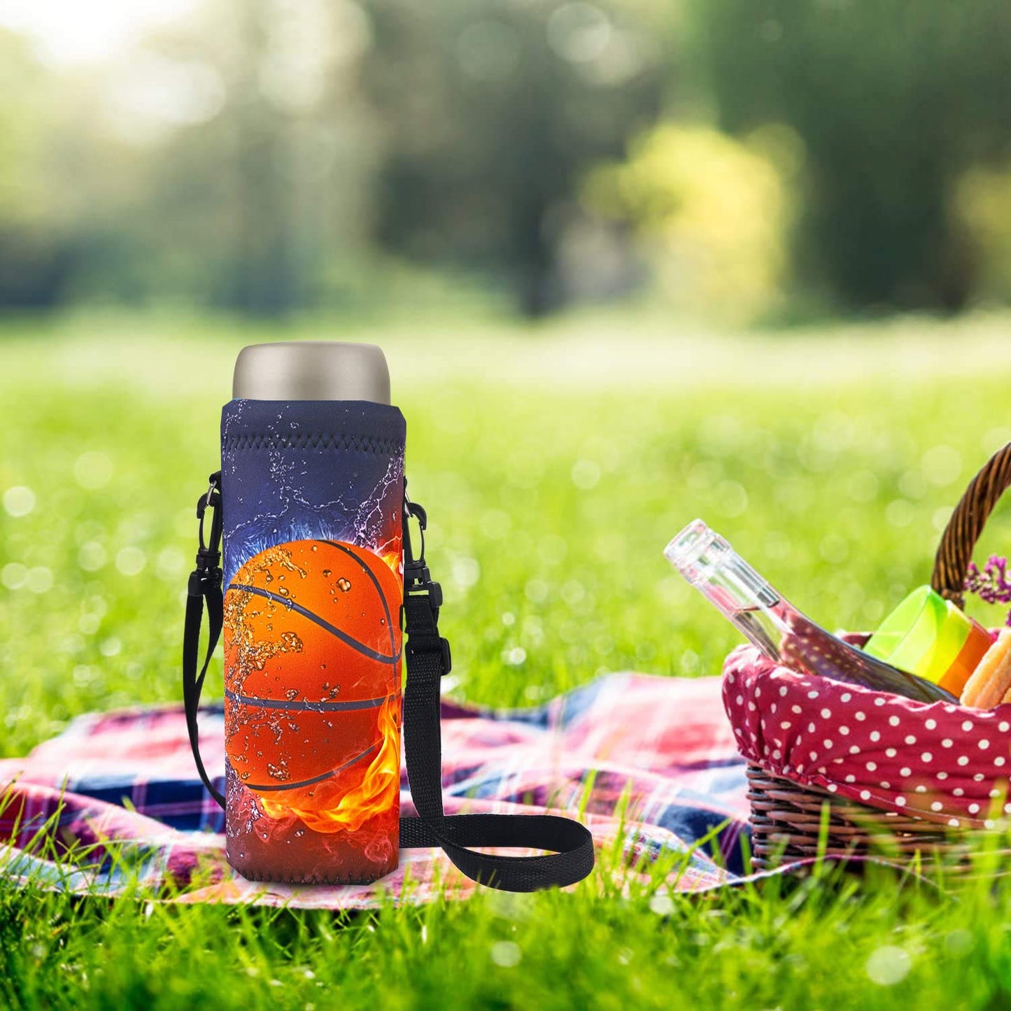 RICHEN Neoprene Water Bottle Carrier Bag with Adjustable Shoulder Strap,Insulated Water Bottle Cover for 500ml/16oz Stainless Steel/Glass/Plastic Bottles (Basketball Fire,500ML)