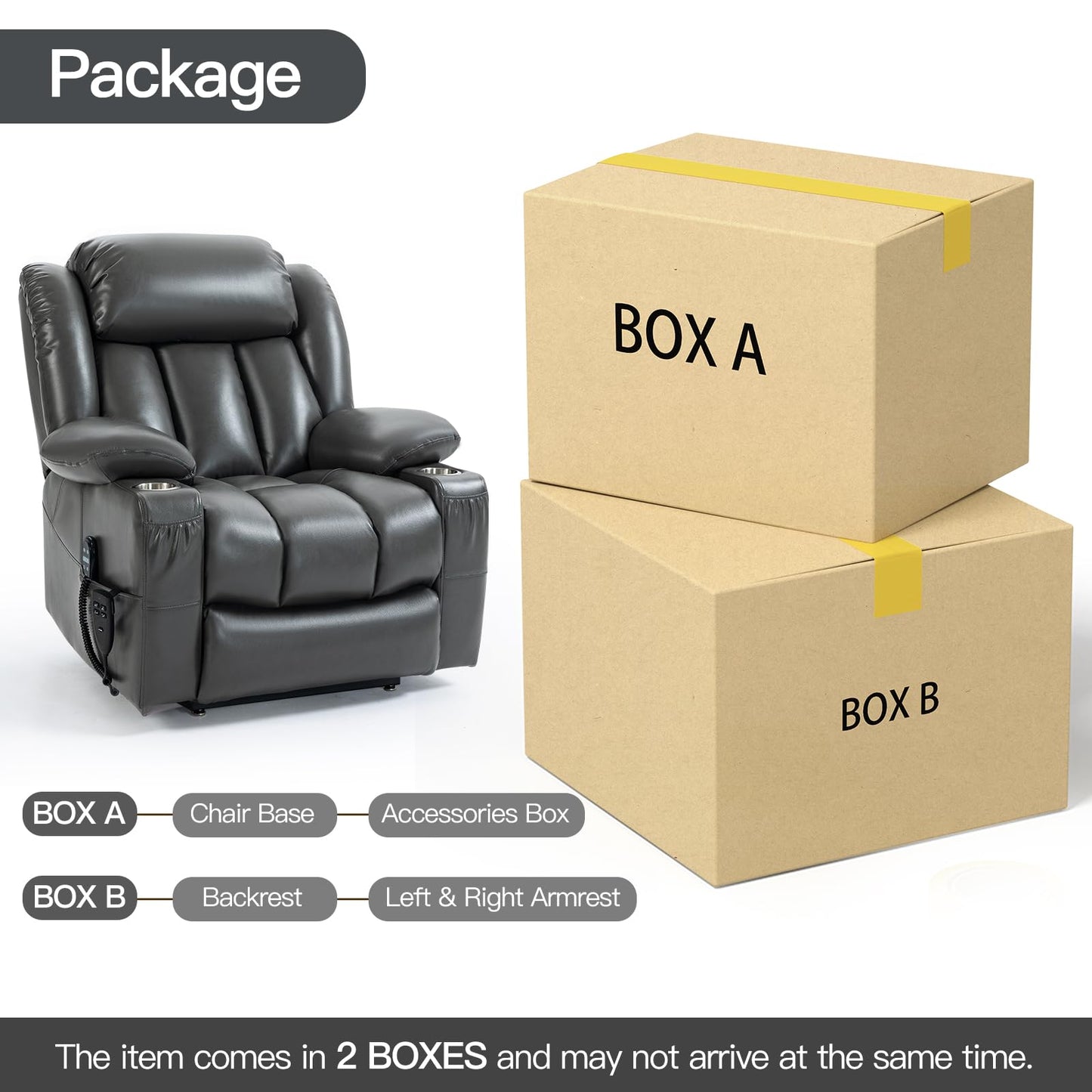 EZZUP Lay Flat Lift Recliner Chair with Massage & Heat for Elderly People, Electric Power Lift Chair w/Dual Motor, 2 Stainless Steel Cup Holders and 2 Remote Controls, Breathable Leather Grey