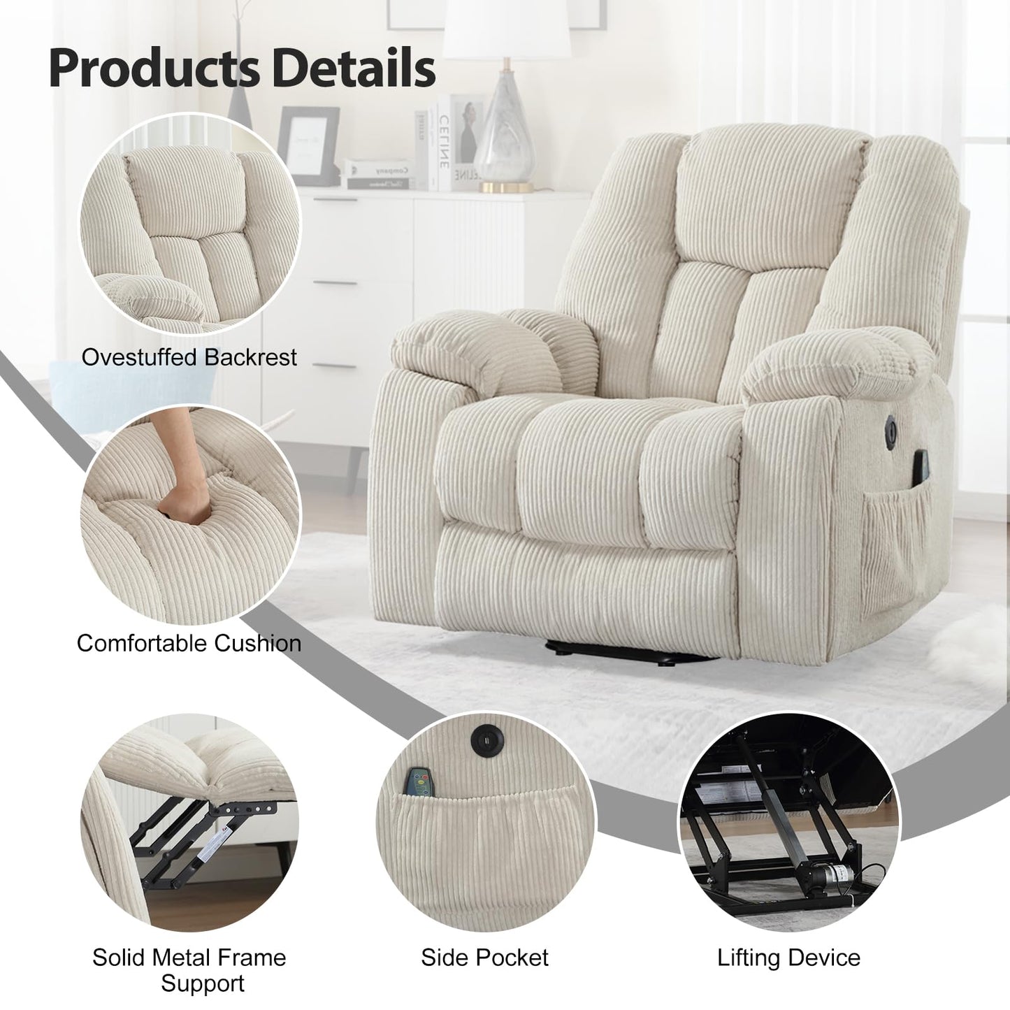 CANMOV Power Lift Recliner Chair with Massage and Heat for Elderly, Overstuffed Wide Recliners, Heavy Duty and Safety Motion Reclining Mechanism with USB Ports, 2 Concealed Cup Holders, Beige