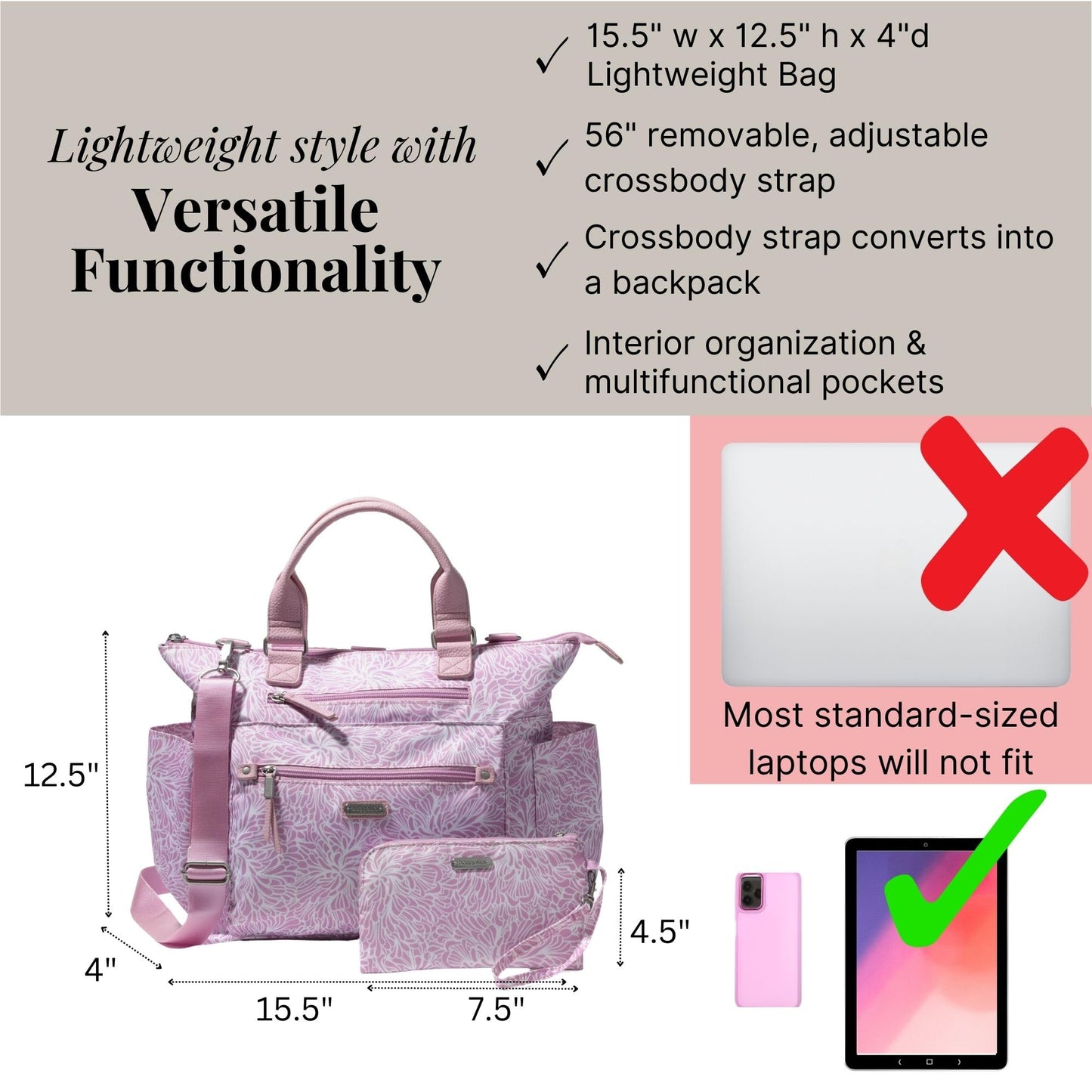 Baggallini 3-in-1 Convertible Backpack - Medium 12x15 inch Travel Backpack Crossbody Tote with RFID Phone Wristlet