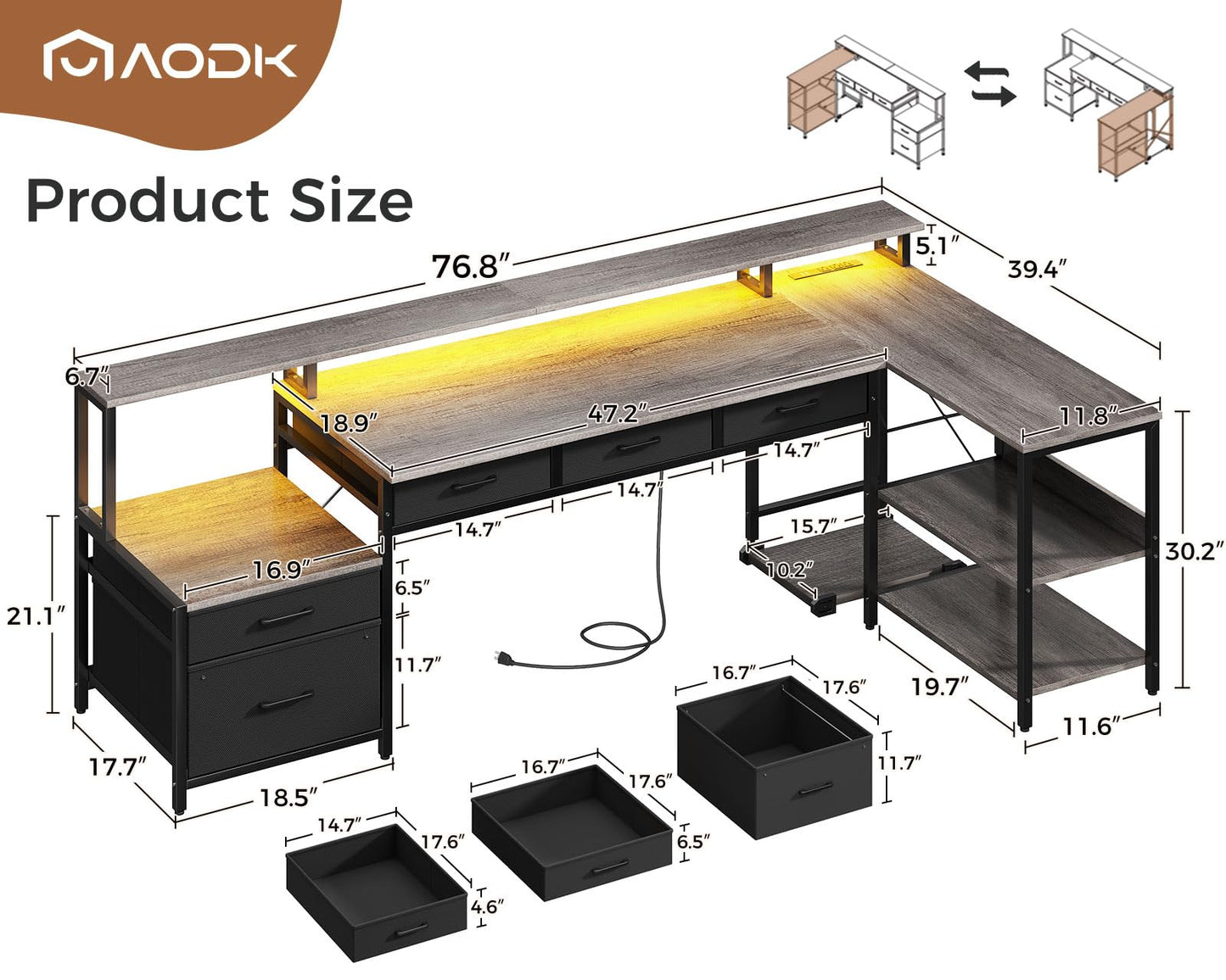 AODK L Shaped Desk with 5 File Drawers, 75" Reversible L Shaped Computer Desk with Power Outlet & LED Strip, Office Desk with Storage Shelves, Gaming Table with Monitor Shelf, Corner Table, Grey Oak