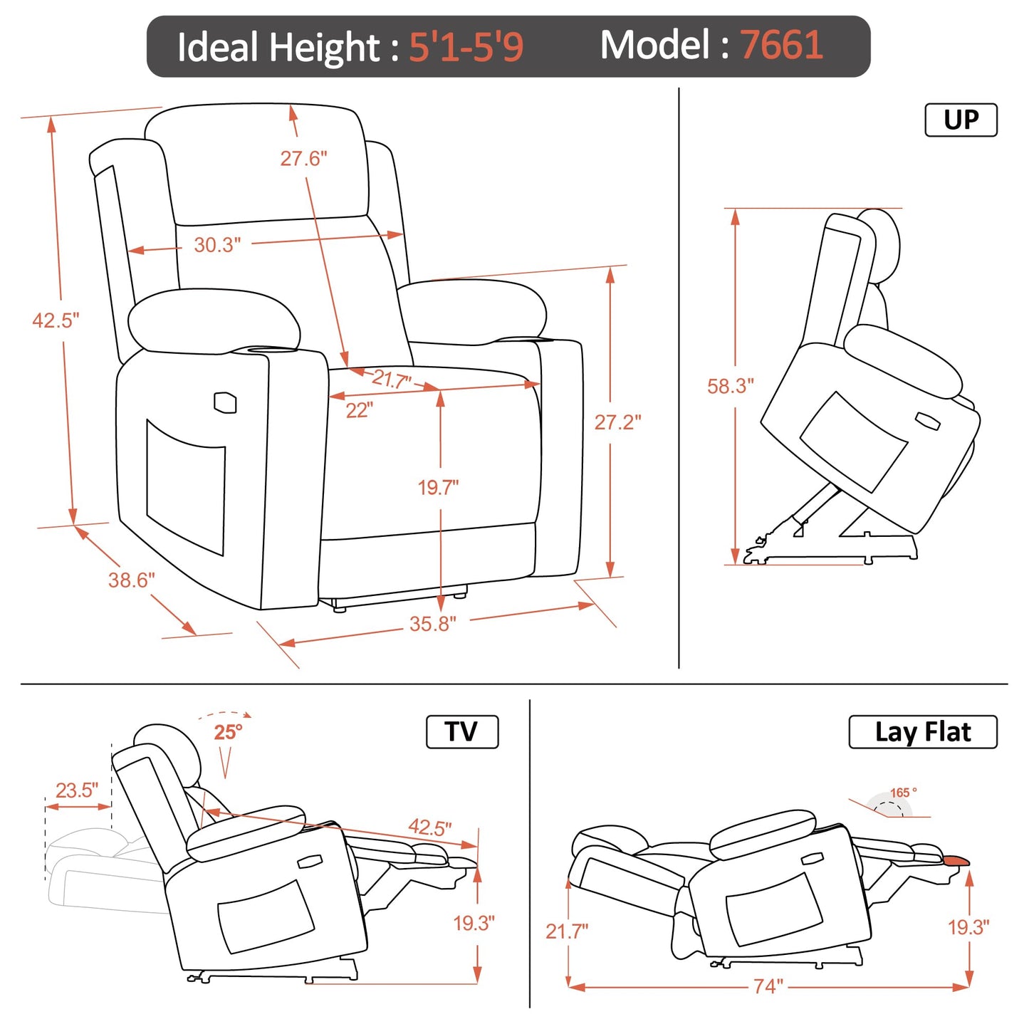 MCombo Lay Flat Triple Motor Power Lift Recliner Chair Sofa with Heat and Massage, Adjustable Headrest for Elderly, Infinite Position, Faux Leather 7661 (Beige, Medium)