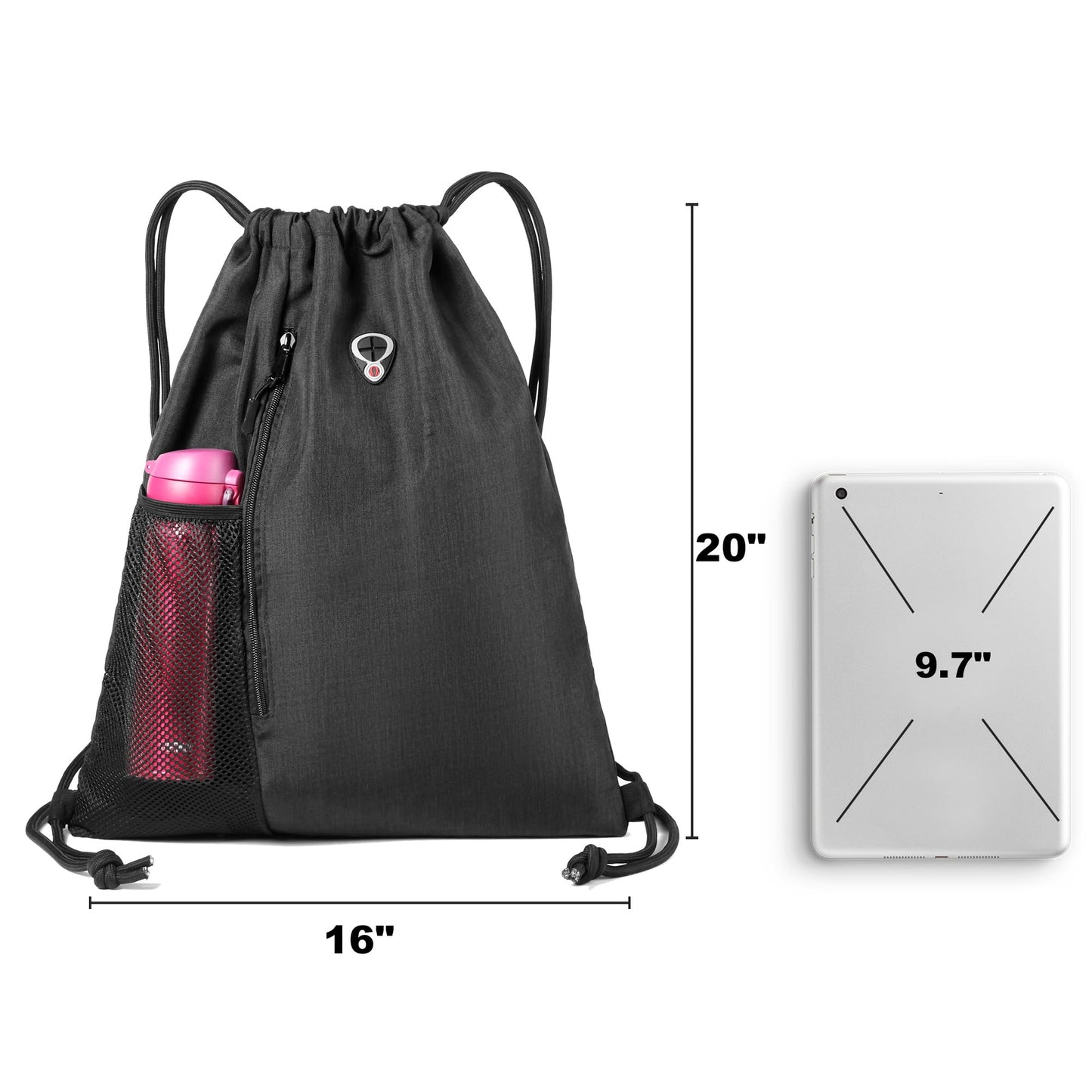 BeeGreen Mix Black Drawstring-Backpack-Gym-Bag, Large Sports Bag For Women W Water Bottle Pocket &Front Zippered Pocket, String Sackpack For Traveling Yoga Beach Outdoor