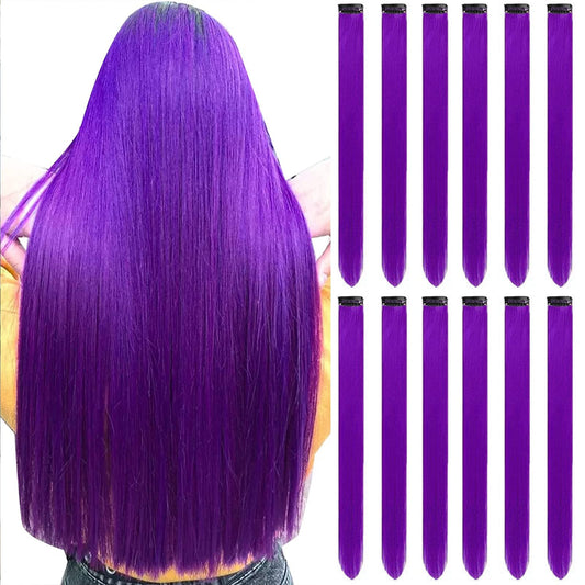 GPOVVIMX 12 PCS Purple Hair Extensions Clip in, Colored Party Highlights Extension for Kids Girls Synthetic Hairpiece Straight 22 inch