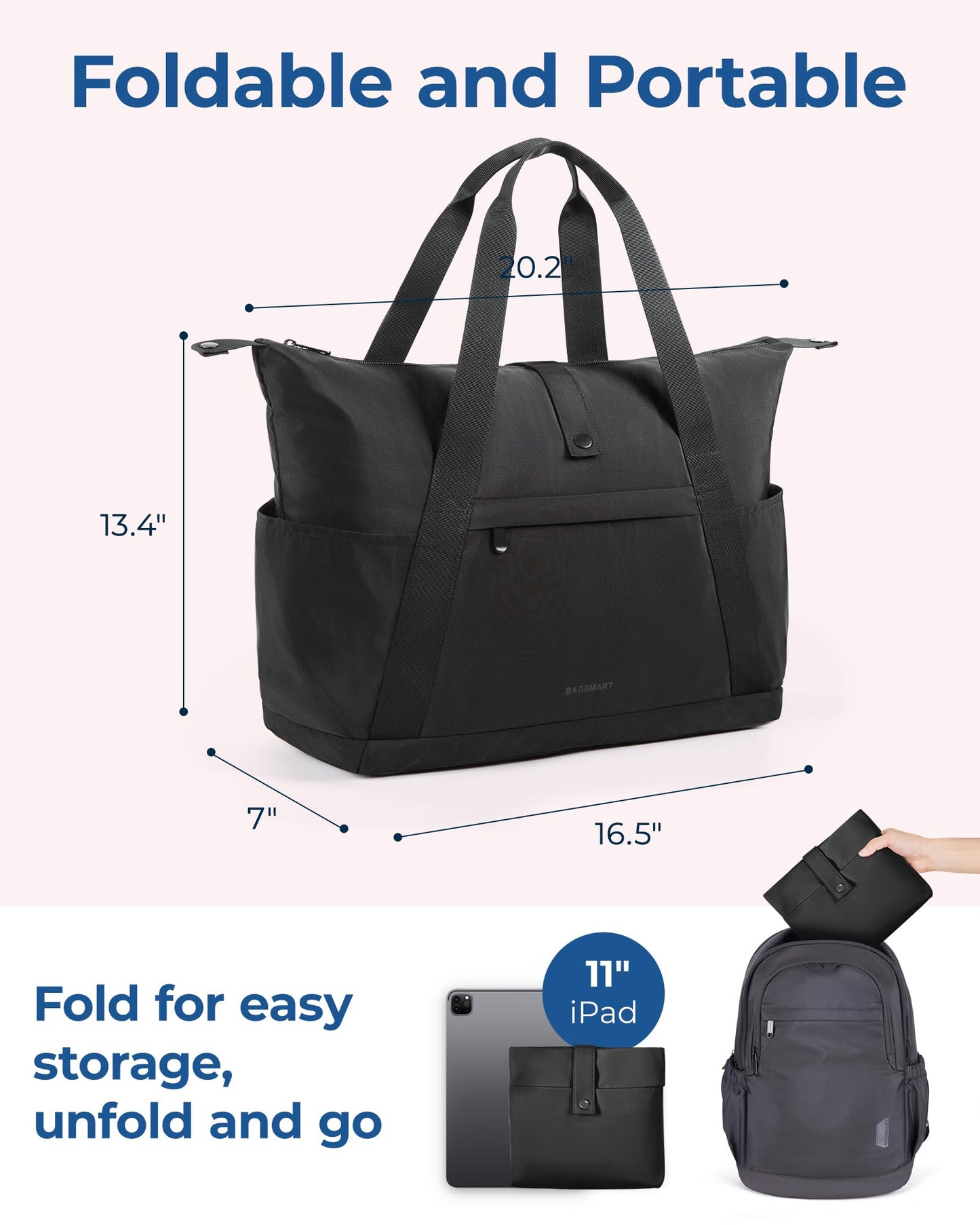 BAGSMART For Spirit Airlines Personal Item Bag, 23L Foldable Weekender Bags for Women Gym Tote Overnight Bag for Travel