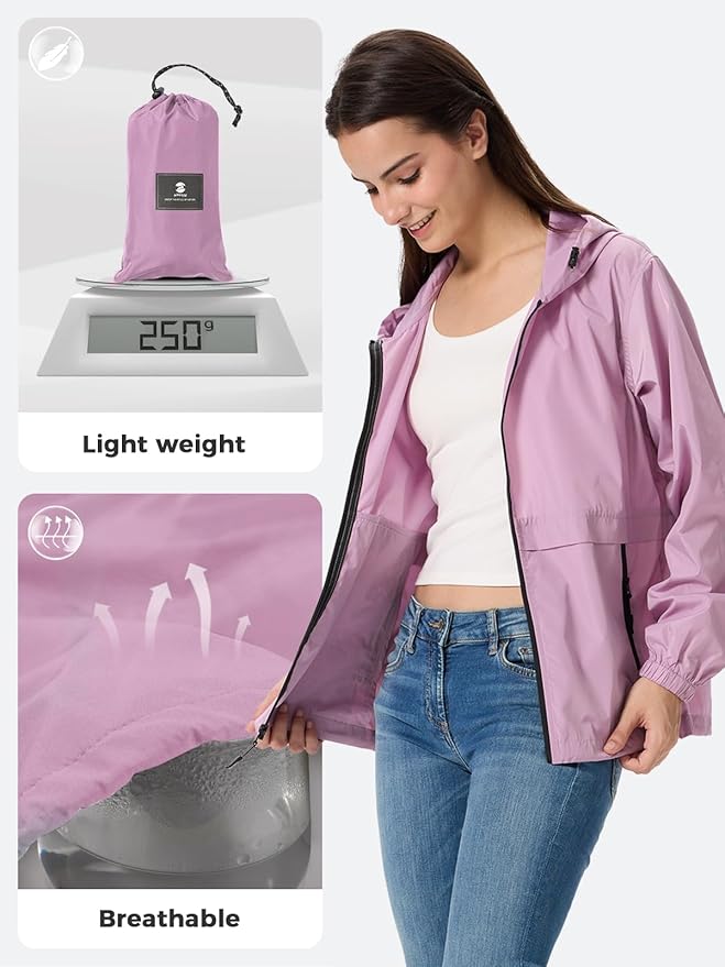 SaphiRose Lightweight Rain Jacket Women Waterproof Breathable Raincoat Packable Hooded Windbreaker