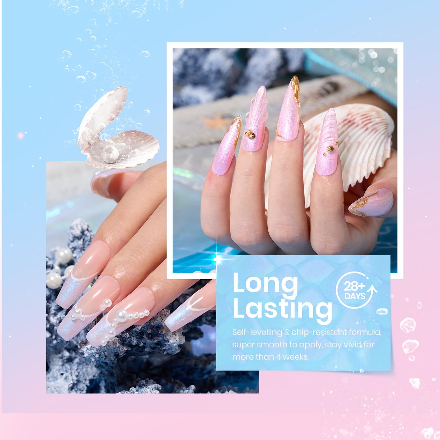 Beetles Shimmer Glitter Gel Nail Polish Set, 6 Colors White Pink Blue Pearl Gel Nail Polish Mermaid Soak Off Uv Led Spring Summer Polish Swirl Thread Effect DIY Manicure Art Gift for Women