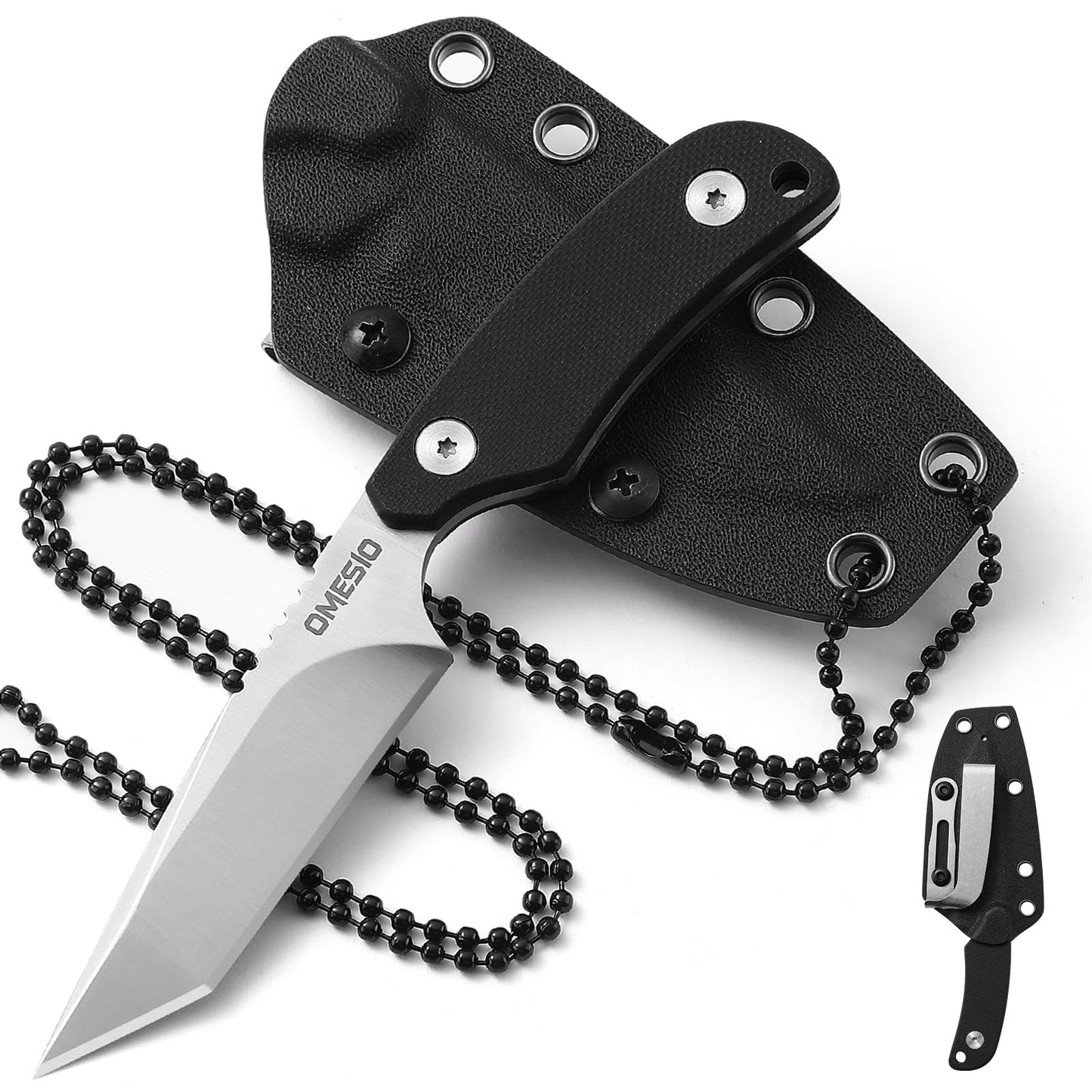 Omesio Tanto Neck Knife, Small Fixed Blade Knife with Kydex Sheath and Clip, Full Tang 6" Neck Knife with Sheath and Necklace, Mini Tactical EDC Knife D2 Steel G10 Handle(White Steel+ Black Handle)