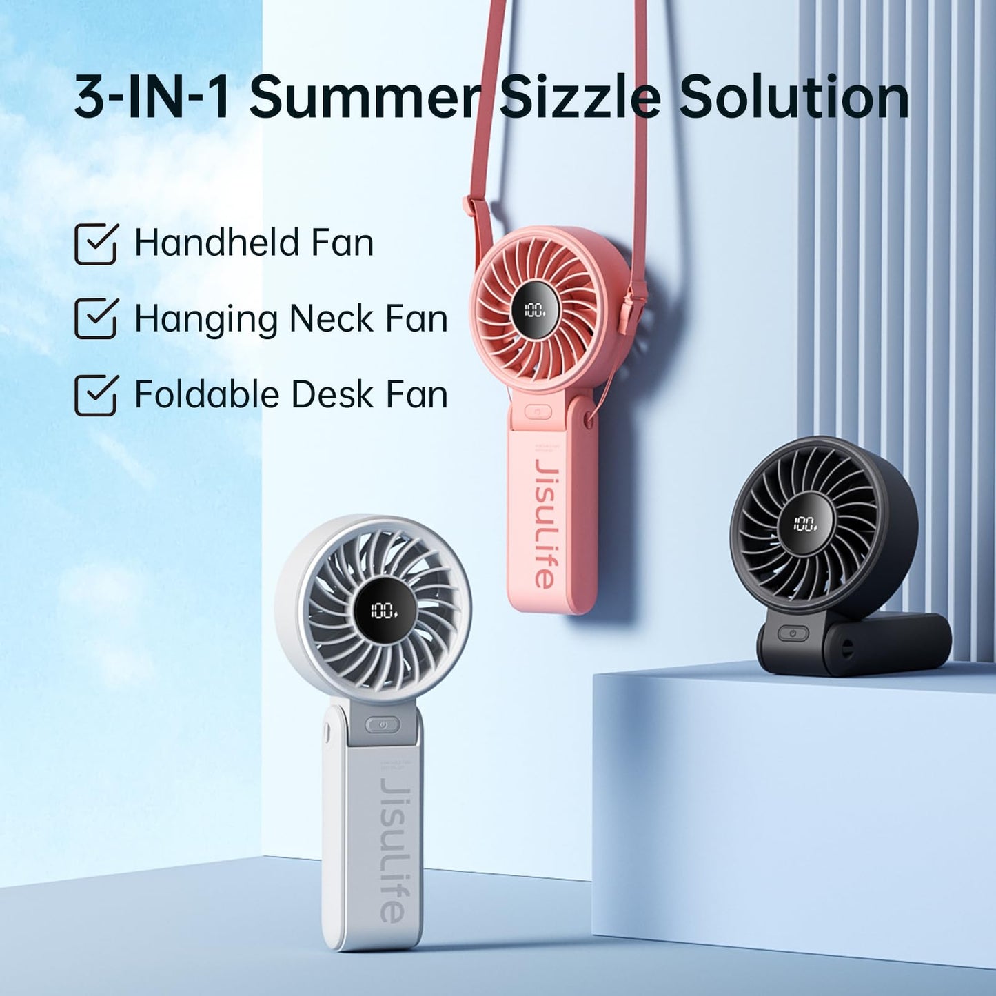 JISULIFE Handheld Fan Life7 – Ultimate Flexibility: High-Power Motor, LED Display, 19.5 Hrs Cooling, 5000mAh Rechargeable, 5-Speed, Foldable Design, 3-IN-1 Portable Fan for Travel Cruise Beach(Grey)