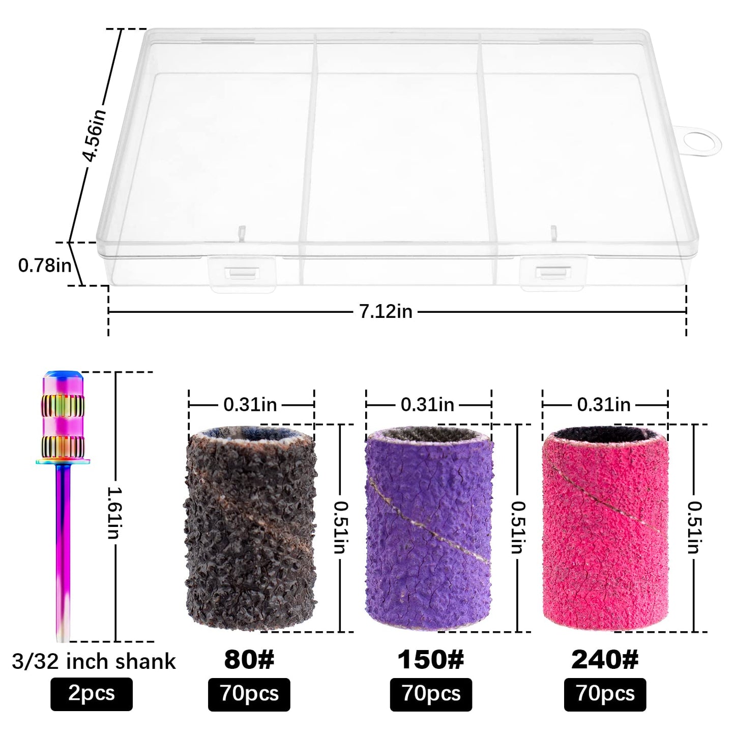 Difenni Sanding Bands for Nail Drill Sanding Bands Nail Drill Bits 210 Pcs Sanding Bands Coarse Fine #80#150#240 with 3/32" Mandrel Bit Boxed for Electric Nail Drill Nail