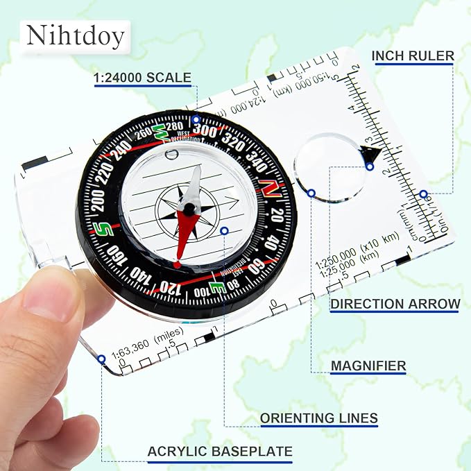 Multipurpose Outdoor Compass for Hiking, Scouting, Camping, and Navigation - Liquid-Filled, Transparent Base with Measuring Scales, Durable and Compact
