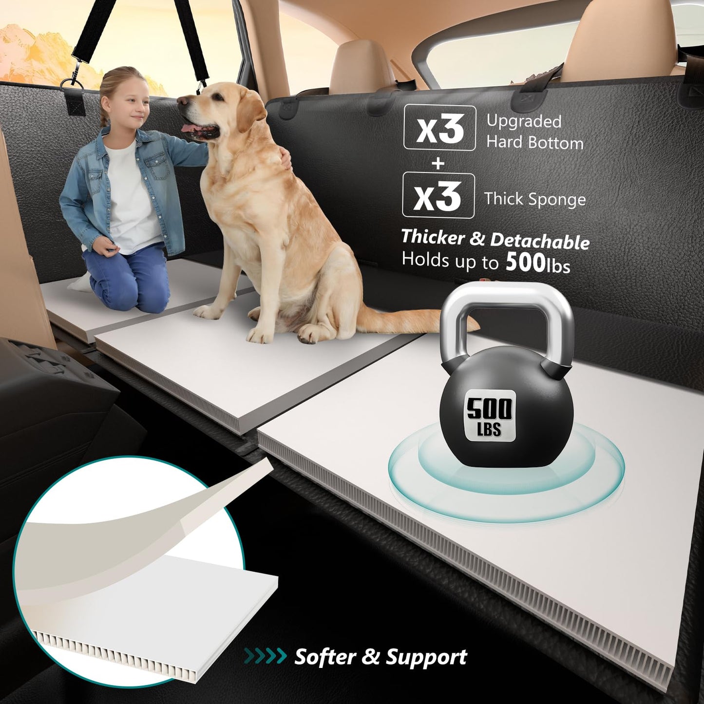 Back Seat Extender for Dogs Upgraded Anti-Scratch PU Leather, Hard Bottom Dog Car Seat Cover for Back Seat, Backseat Extender for Dogs, Waterproof Dog Hammock for Car, SUV, Small Truck, Black