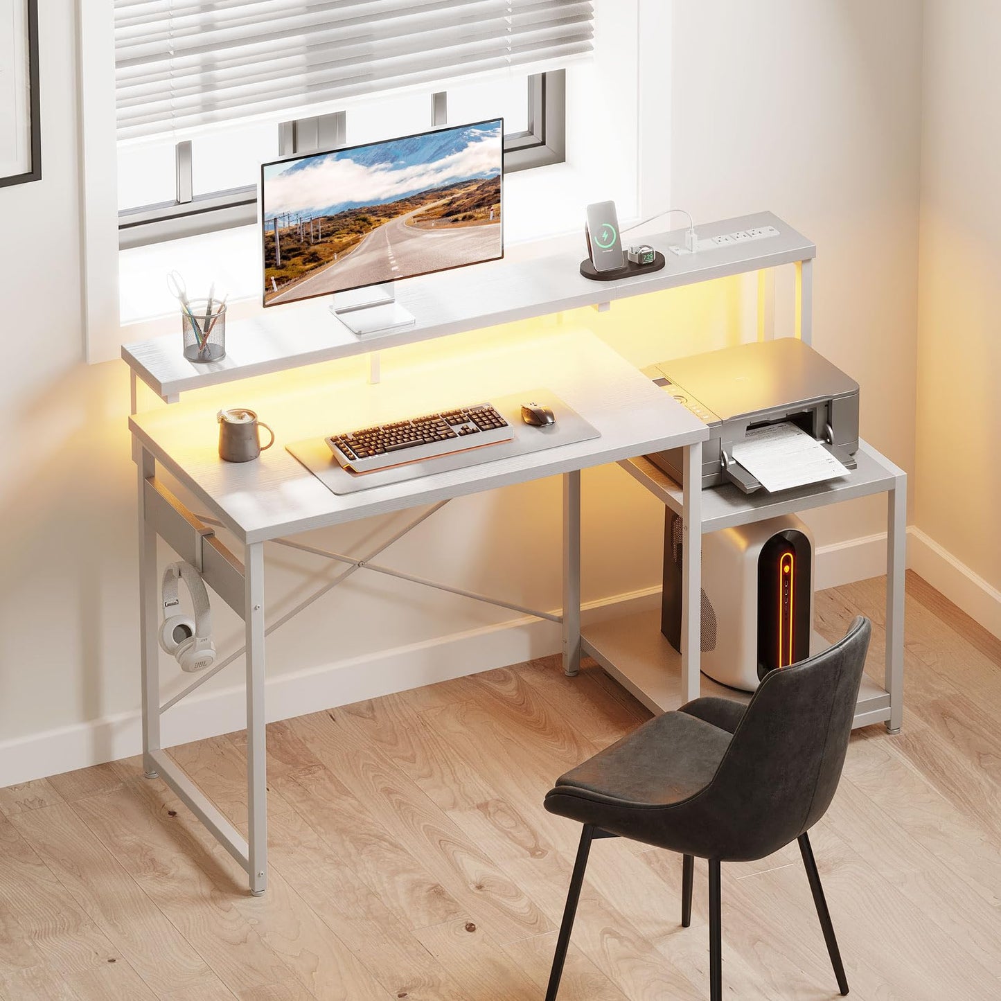 AODK Computer Desk, 48 Inch Gaming Desk with Led Lights & Power Outlet, Office Desk with Storage Shelves, Reversible Desk with Monitor Shelf & Headphone Hook, White