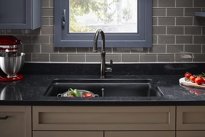 KOHLER K-8199-CM1 Cairn Sink, 33" Neoroc Composite Undermount Double-Bowl Kitchen Sink, Composite Kitchen Sink with Sink Rack, Matte Black