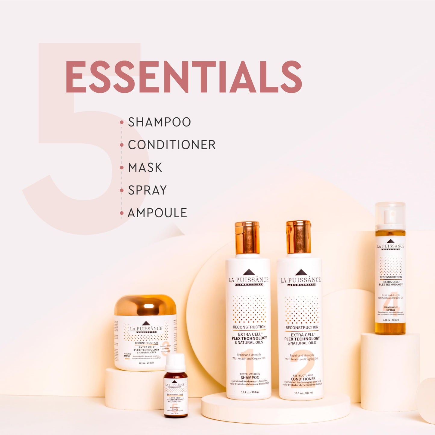 LA PUISSANCE Extra Cell Plex Complete Hair Repair - 5-Step Deep Repair Kit for Severely Damaged Hair - Includes Shampoo, Conditioner, Mask, Spray, Ampoule - For Home and Salone Use