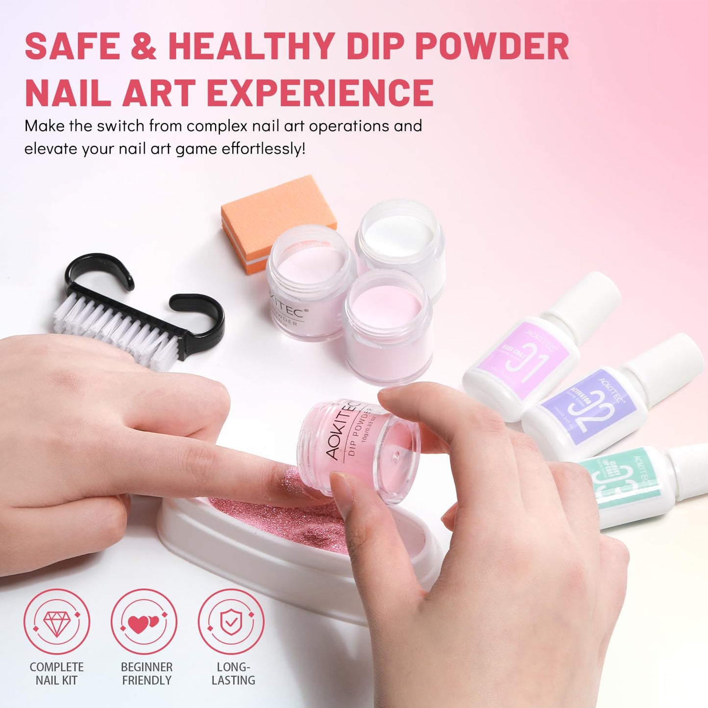 Aokitec Dip Powder Nail Kit Starter - 4 Colors White Nude Pink Glitter Nail Dip Powder with Dip Base Activator Top Coat Dipping Powder Liquid Set for Nail Art Manicure DIY Salon