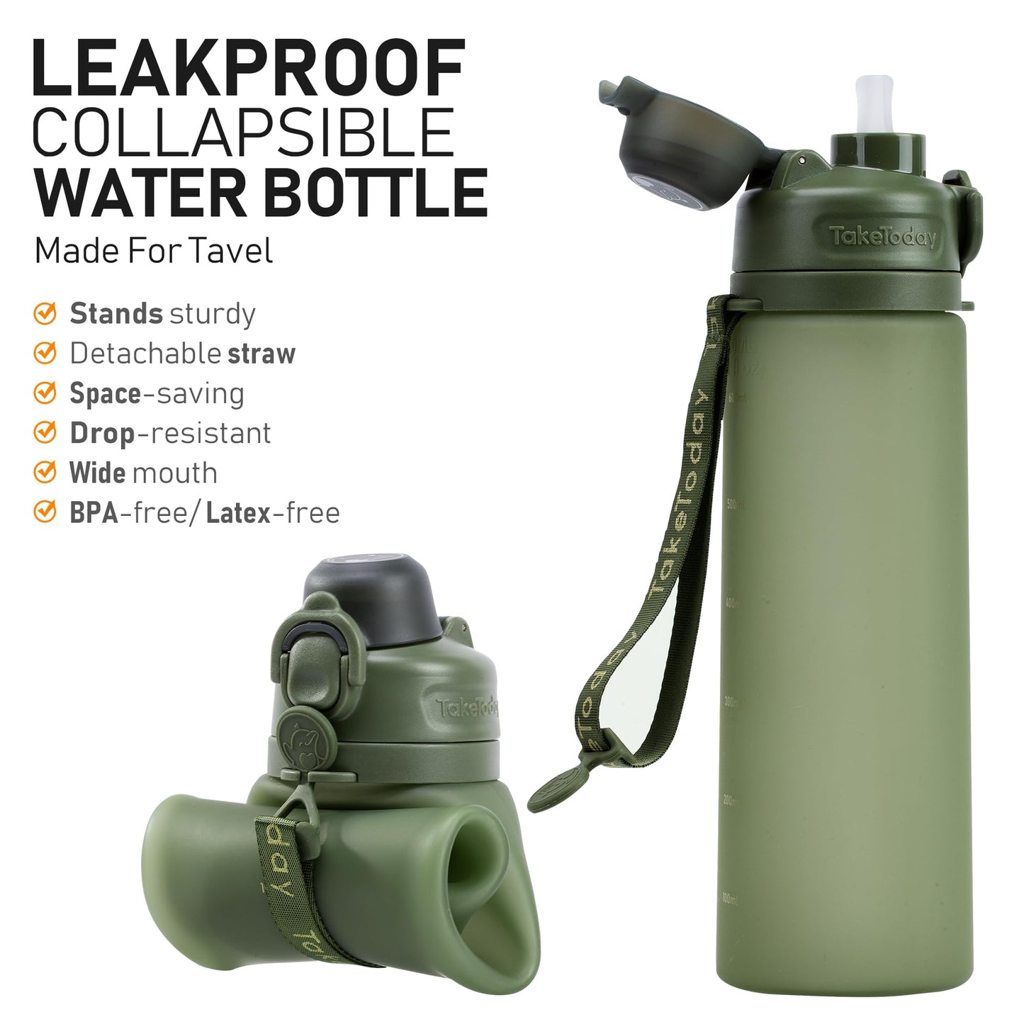 TakeToday Collapsible Water Bottles 20oz, Leak Proof, BPA-Free, Foldable Silicone Travel Water Bottle with Straw Strap for Cycling, Hiking, Outdoors (Jungle)