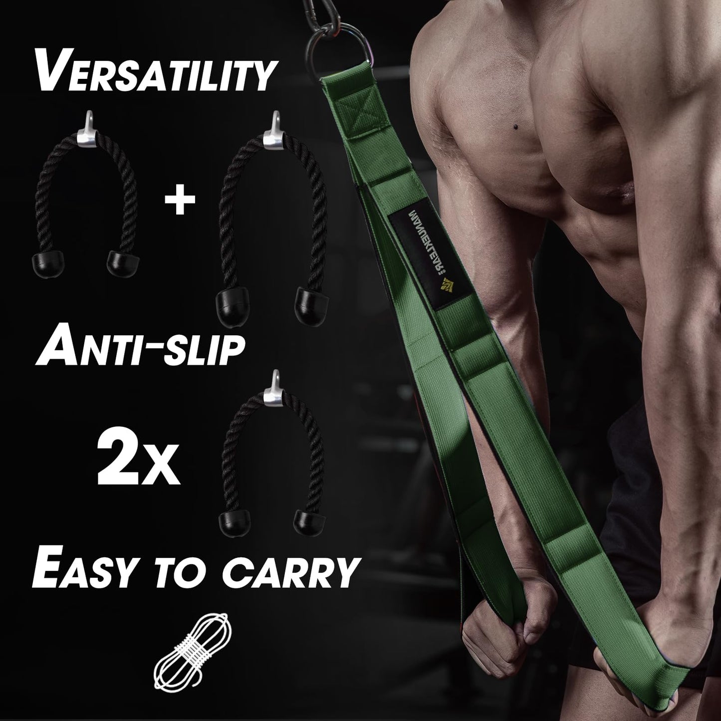 MANUEKLEAR Tricep Rope Cable Attachment Handles, Greater Range of Motion, Tricep Pull Down Rope for Push Downs, Crunches, Facepulls for Professional Gym (Green)