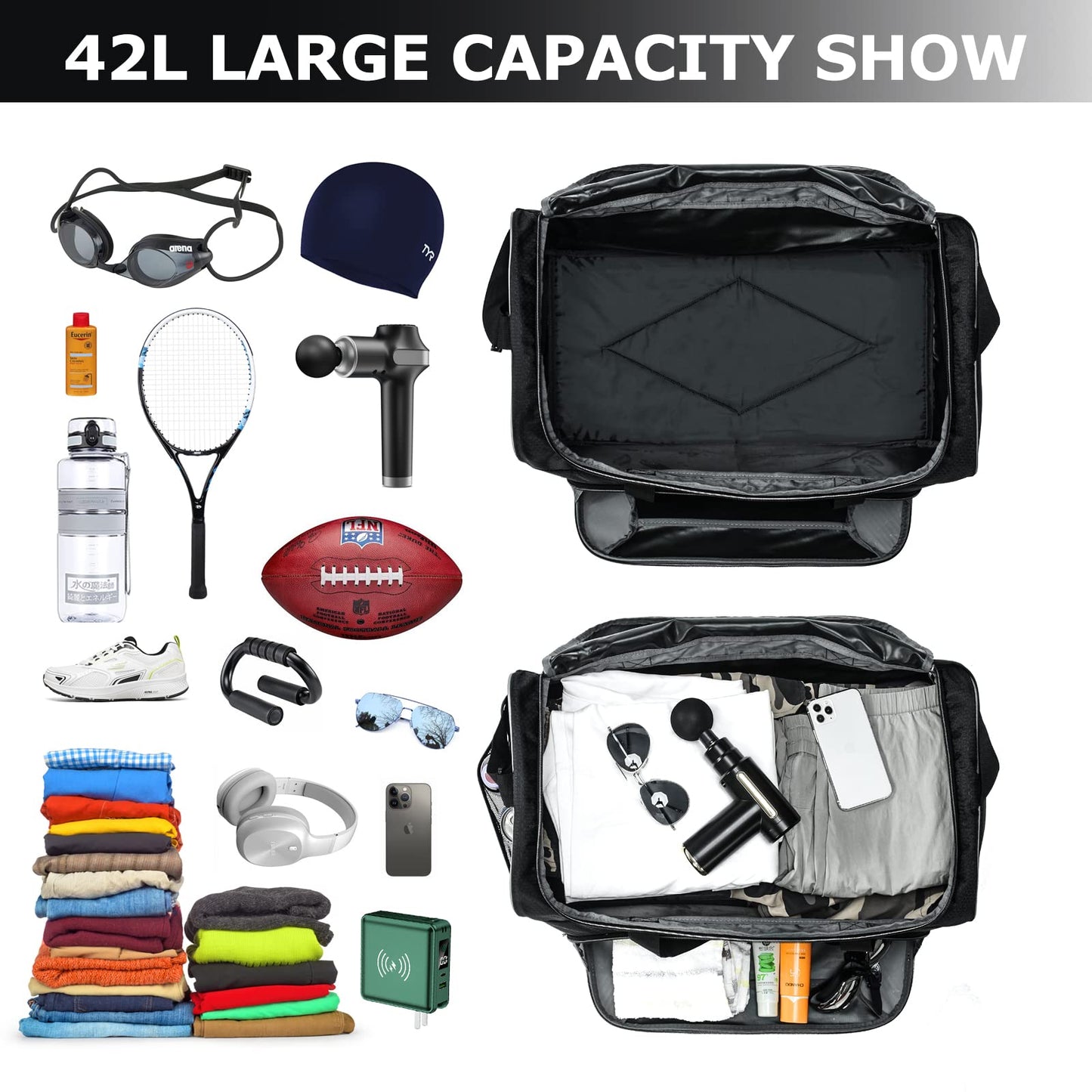Uarition Mens Gym Bag 21 inch Large Overnight Weekender Duffle Bag for Travel Sport-Black/Grey
