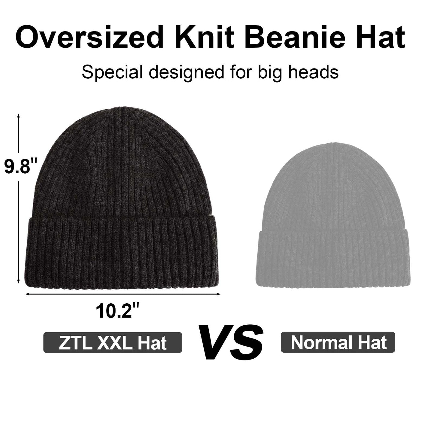 Oversize XL XXL Merino Wool Beanie for Men Big Head, Large Winter Stocking Hats, Plus Size Cuffed Beanie Skull Cap, Big Knitted Ski Hats Charcoal Grey