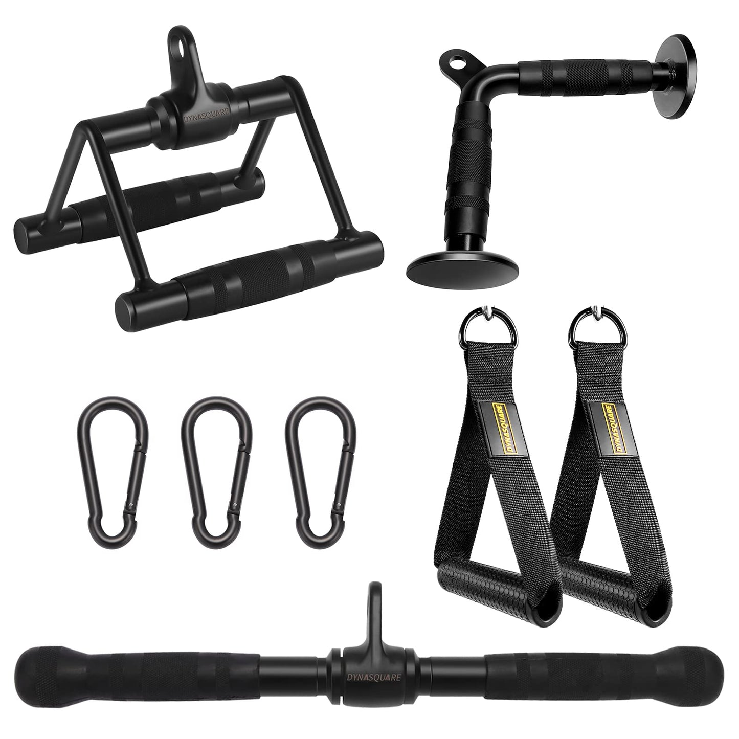 DYNASQUARE Cable Attachments for Home Gym, Made of Heavy Duty Solid Steel, LAT Pulldown Attachment, Weight Machine Accessories, Straight Pull Down Bar, Tricep Rope, Exercise & Double D Handle