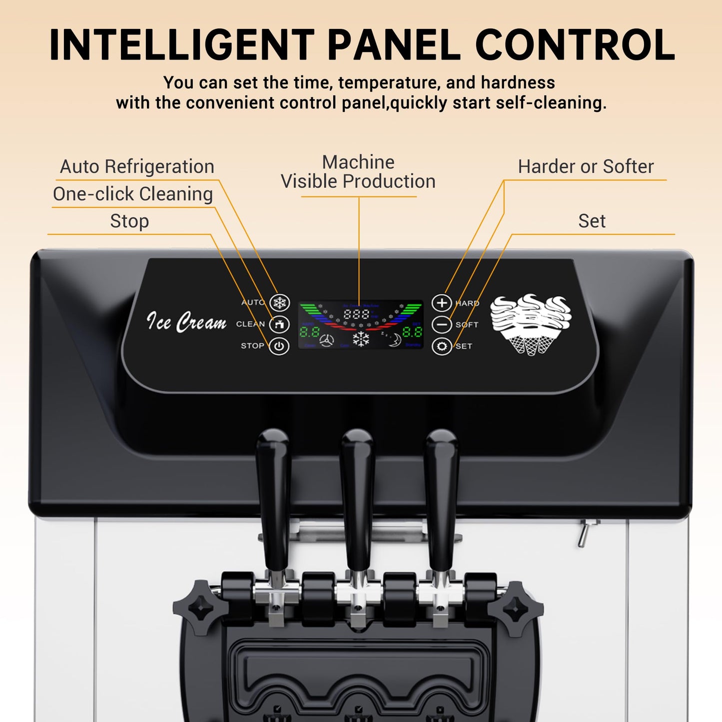 Soft Serve Ice Cream Machine Commercial & Home Use - 2+1 Flavors, 2200W, 5.3-7.4Gal/Hour | Auto Clean, Quiet Operation | Countertop Ice Cream Maker for Shops, Cafes, Parties