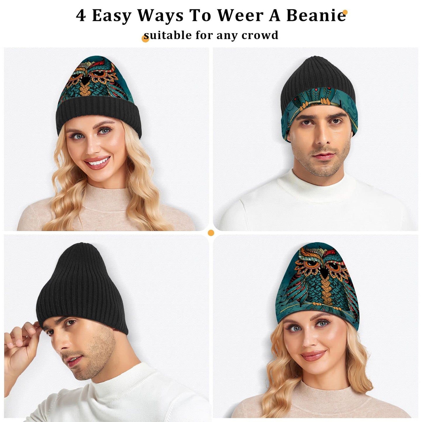 ALAZA Owl Print Boho Ethnic Beanie for Women Men Winter Hat Reversible Skull Cuffed Knit Cap Multi