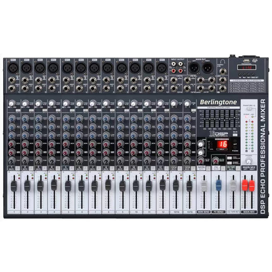 -Berlingtone,16 Channel Professional Bluetooth Studio Audio Mixer - DJ Sound Controller, USB MP3 Player, 14 Microphone Jack, 7 Band EQ, 16 BIT Digital FX, 48V Phantom Power, Unpowered (BR-166MX)