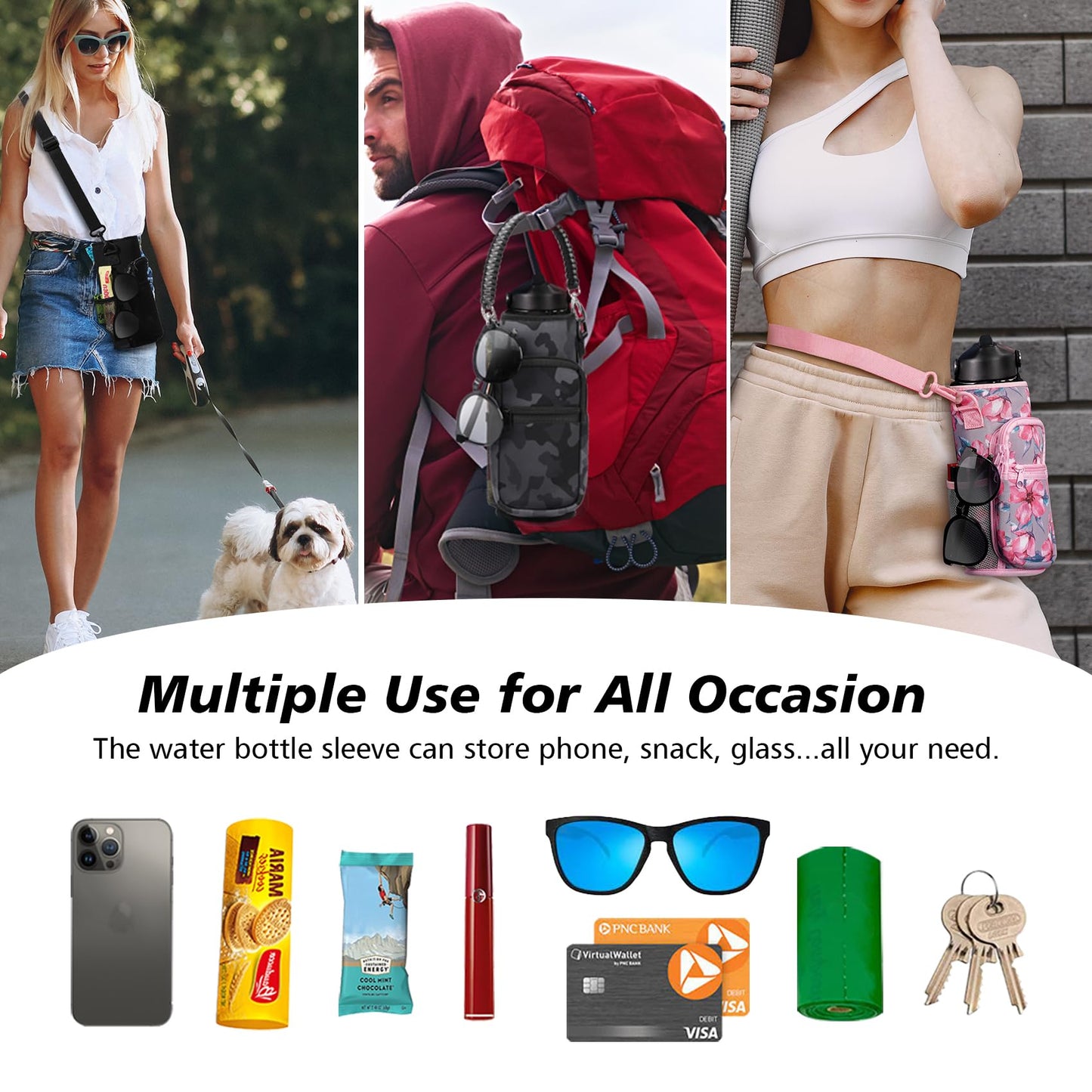 AceTreker Water Bottle Carrier Bag, 32 oz/ 40 oz Water Bottle Sleeve with Paracord Hanlde & Strap, Neoprene Insulated Metal Canteen Pouch Holder with Phone Pocket for Gym, Sport, Fishing-Navy