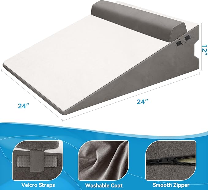CloudBliss 7.5 inches Bed Wedge Pillow with Memory Foam for Sleeping After Gerd Acid Reflux, Surgery, Relief Back Pain, Adjustable and Breathable Pillow with Washable Cover for Surgery Recovery, Gray