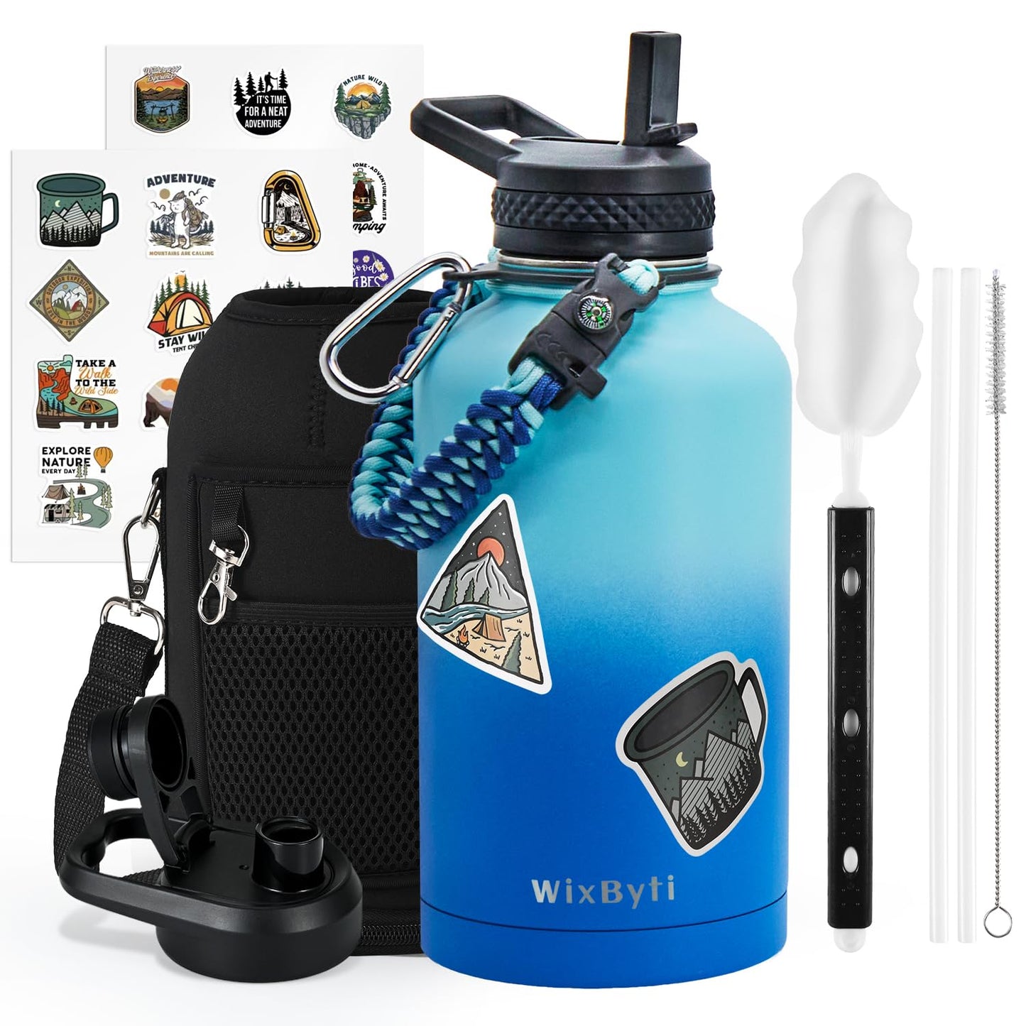 WixByti 64 oz Insulated Water Bottle with Straw (Cold for 48 Hrs), Half Gallon Stainless Steel Triple Wall Vacuum Sports Water Jug, Leakproof Hydro Cup Flask with Straw Spout Lids & DIY Stickers