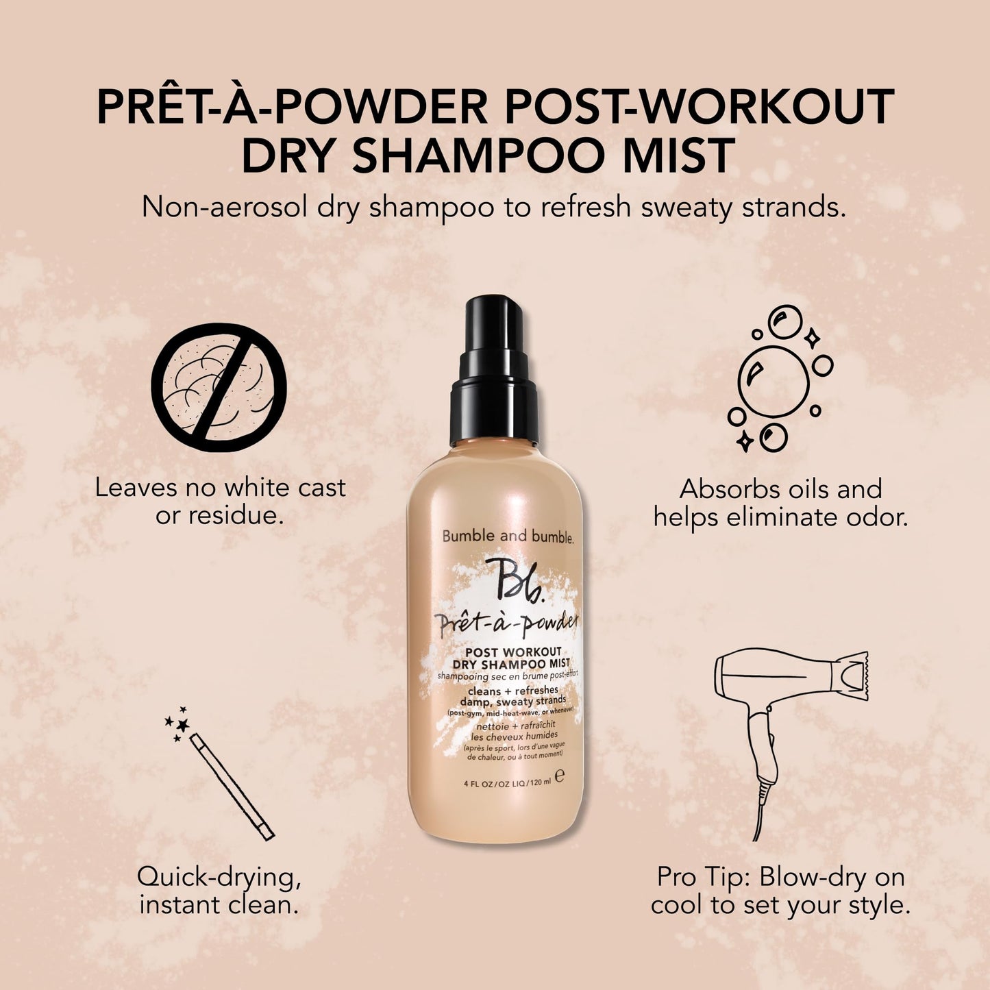 Bumble and bumble. Prêt-à-powder Post Workout Non-Aerosol Dry Shampoo Hair Mist | Cleanses Sweaty Hair + Eliminates Odor | Curly, Wavy, Straight, 4 Fl Oz