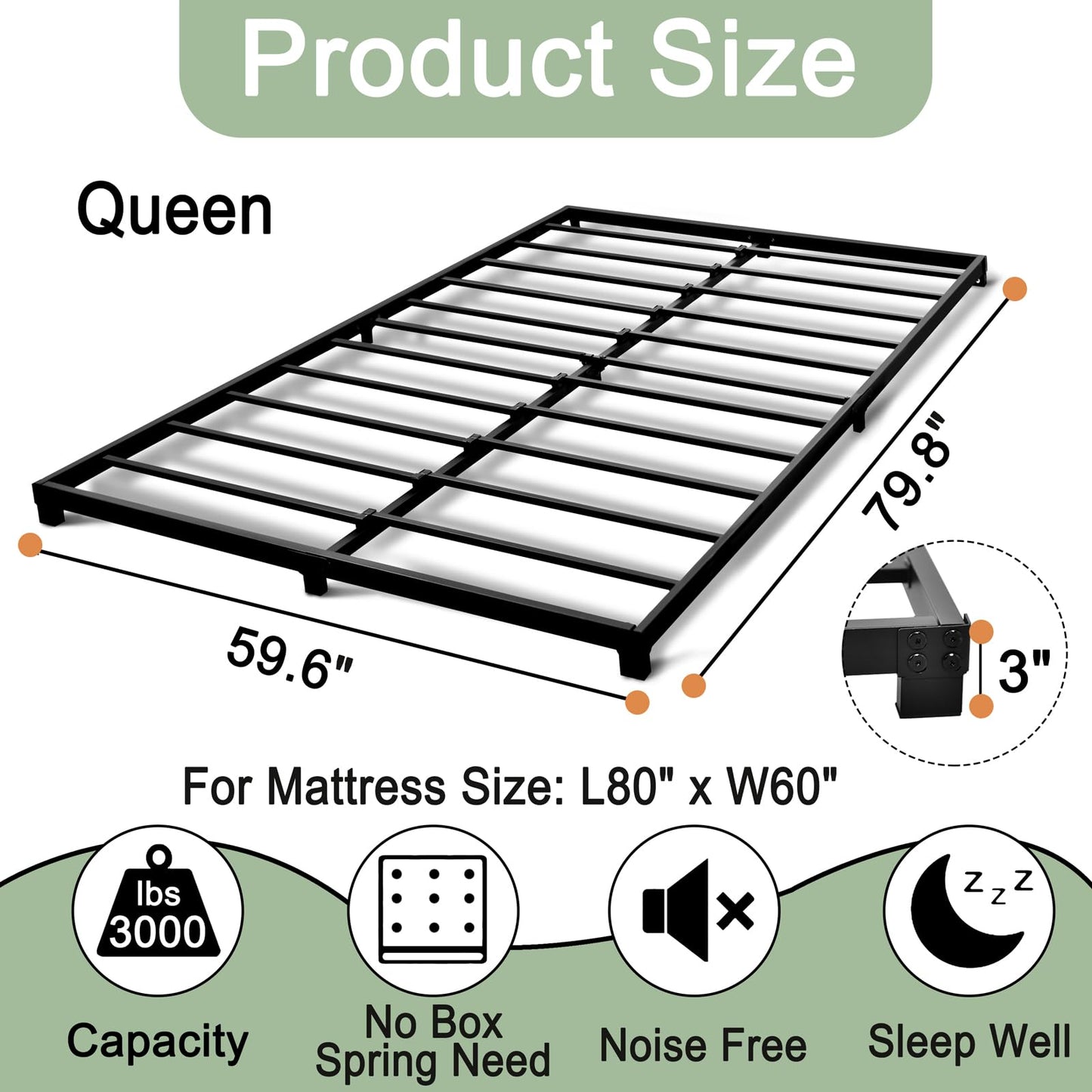 Alderose 3 Inch Queen Bed Frame Low Profile, Queen Size Bed Frame, Heavy Duty Metal Platform No Box Spring Needed, Easy Assembly Mattress Foundation, No Noise, Black