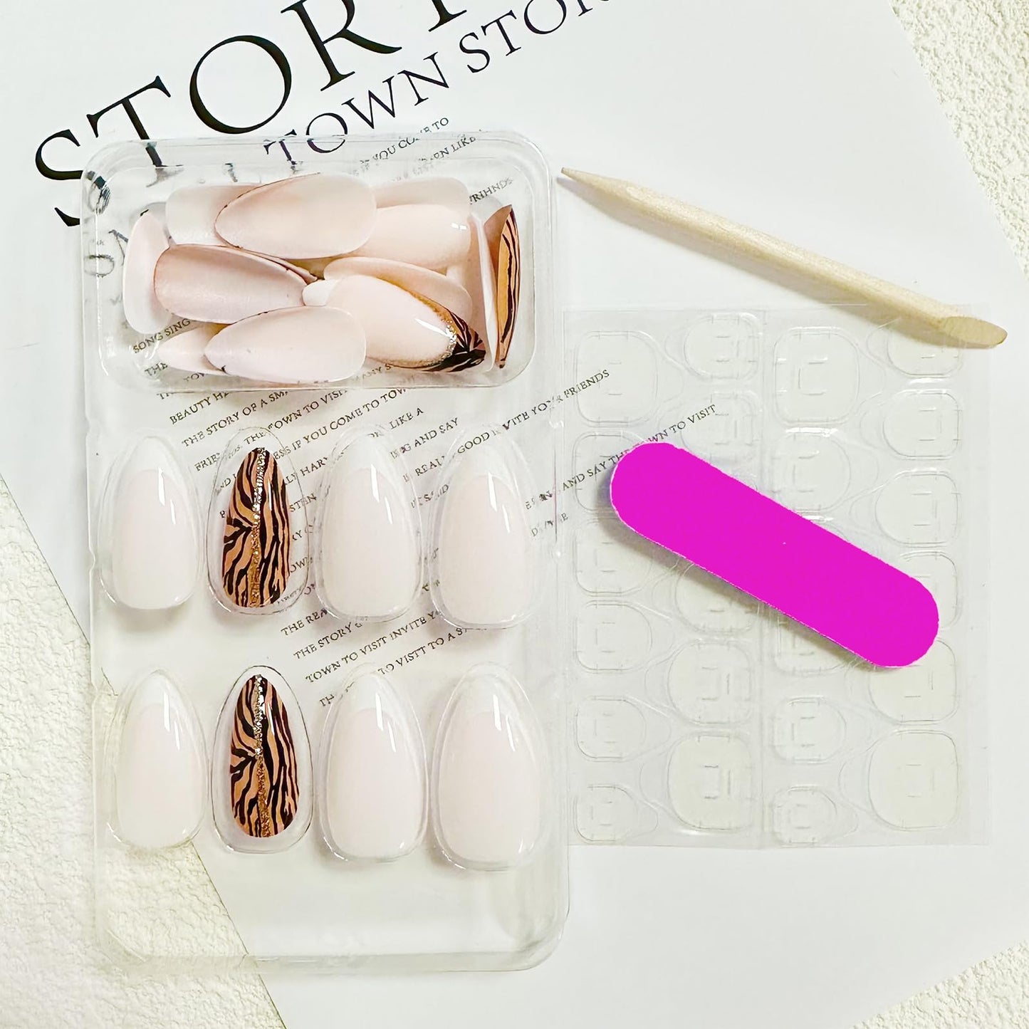 Almond Press on Nails Medium Fake Nails with Designs White French Tip False Nails Press ons Glitter Line Zebra Print Glossy Acrylic Glue on Nails Full Cover Artificial Stick on for Women Supplies