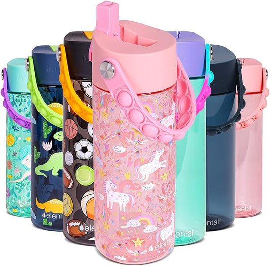 Elemental Leak Proof Water Bottles for Kids - Splash Kids Water Bottle for School with Fun Fidget Pop-it Handle - BPA Free Tritan Plastic Reusable Water Bottle with Straw - Pink Unicorn - 18oz