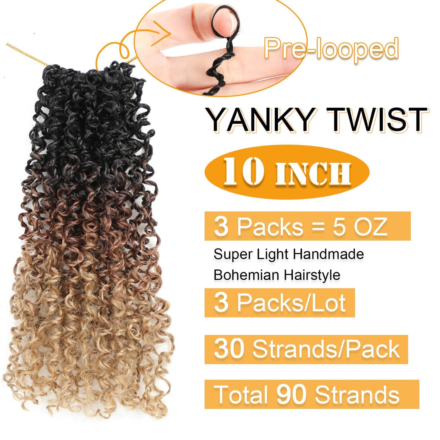 Aksice 10 Inch 3 Packs Yanky Twist Crochet Hair for Women Pre-looped Mini Twist Hair Bohemian Passion Twist Crochet Hair Boho Crochet Braids Synthetic (1B/30/27)