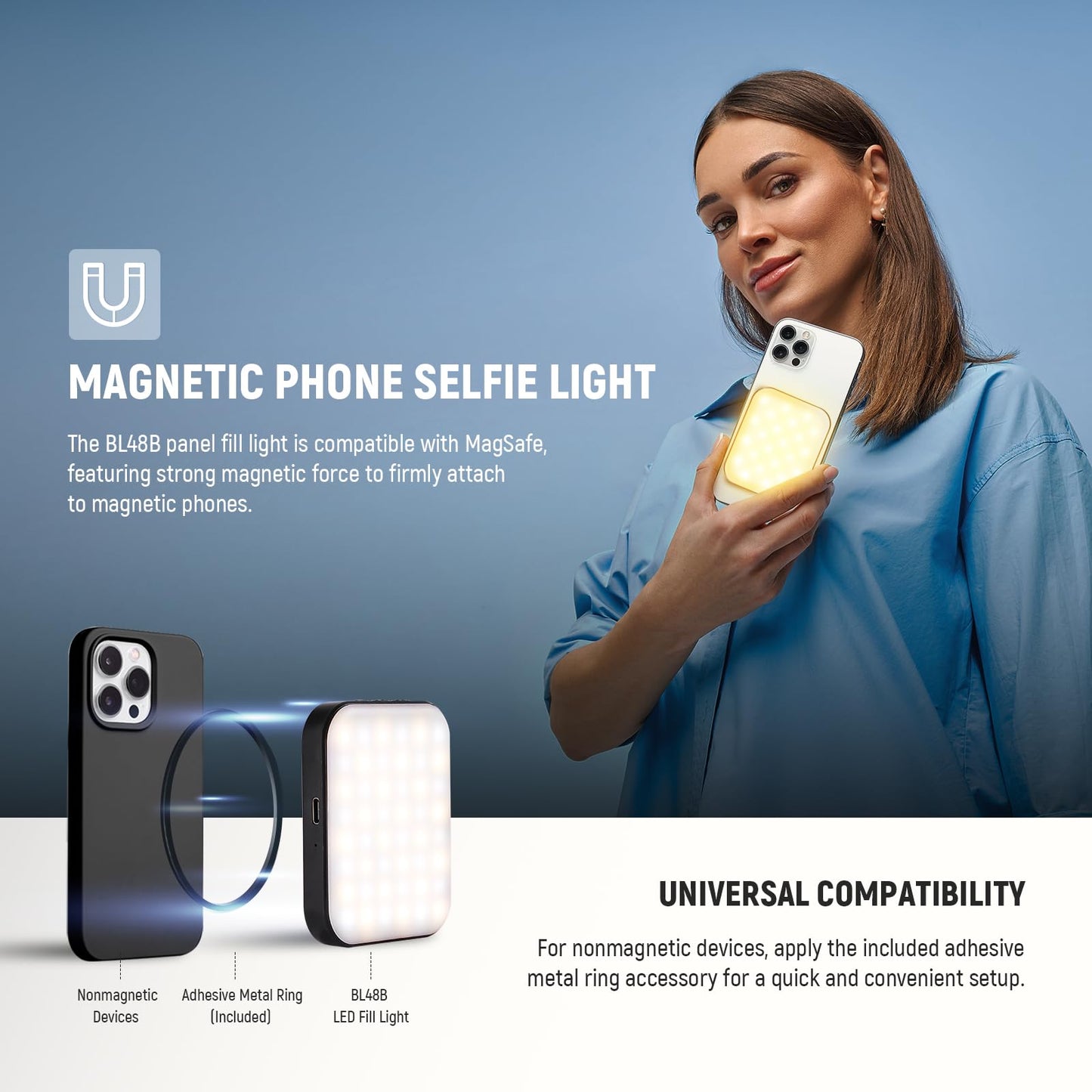 NEEWER BASICS Magnetic Selfie Light Compatible with MagSafe iPhone 16 15 Pro Max, Clip on Video Conference Lighting Fill Light for Computer Laptop Zoom Calls Live Streaming Outdoor Recording, BL48B