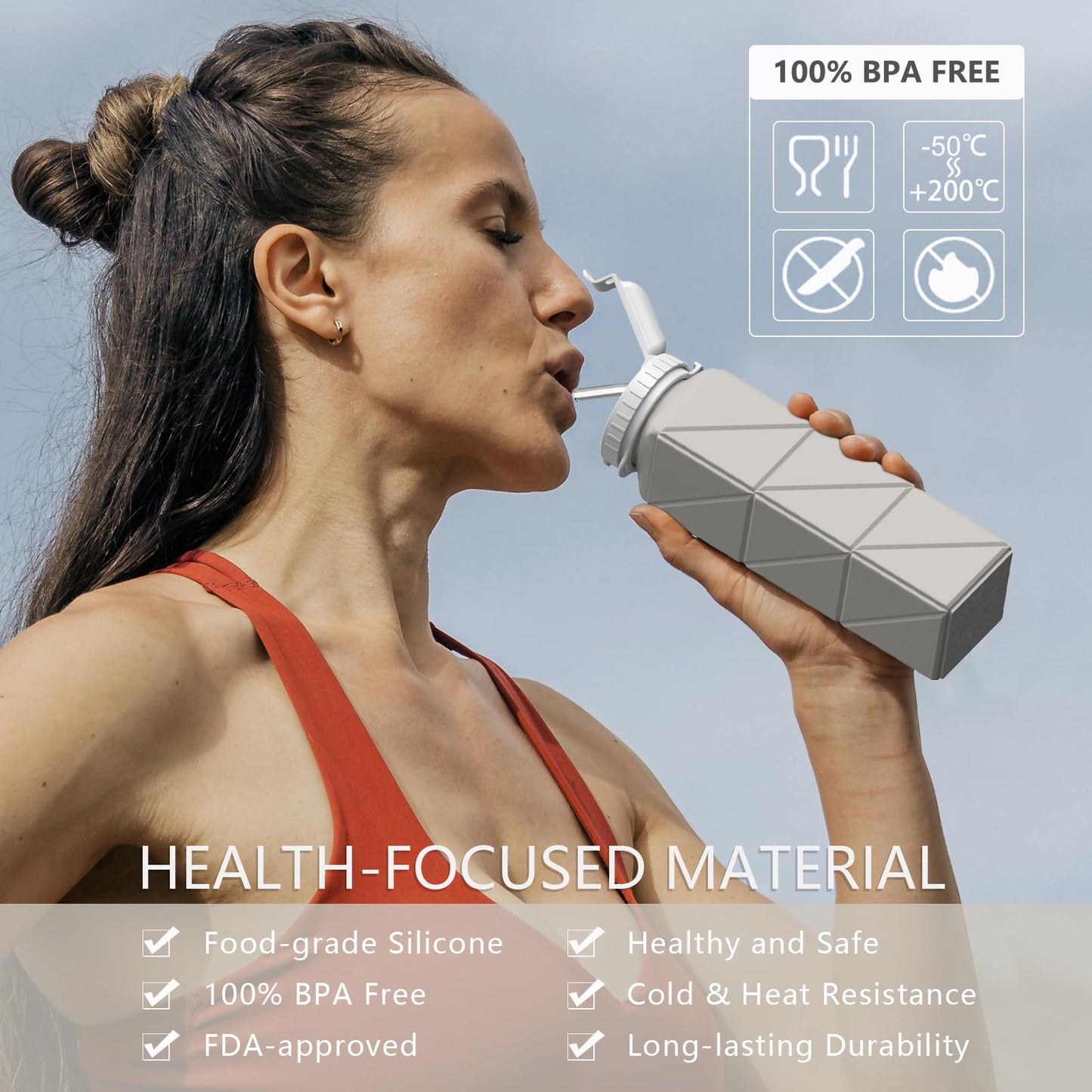 BEAUTAIL Collapsible Water Bottles with Straw, Silicone Foldable Portable Water Bottle 610ml Lightweight Reusable Leakproof for Travel Camping Hiking Cycling Yoga Sports, 1 Pack (Starlight)